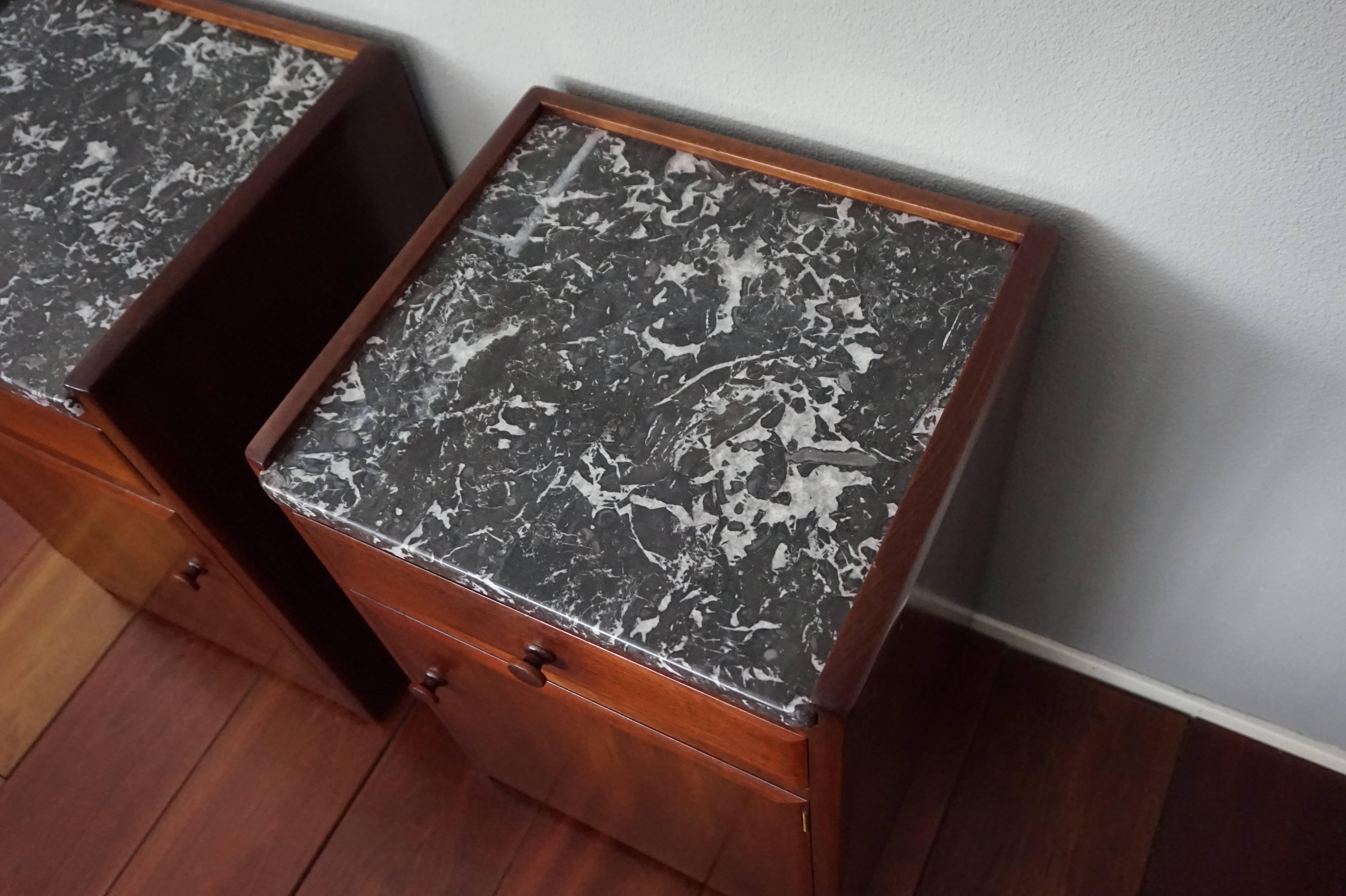 Hand-Crafted Stunning Art Deco Mahogany & Marble Nightstands Bedside Tables by J.A. Huizinga