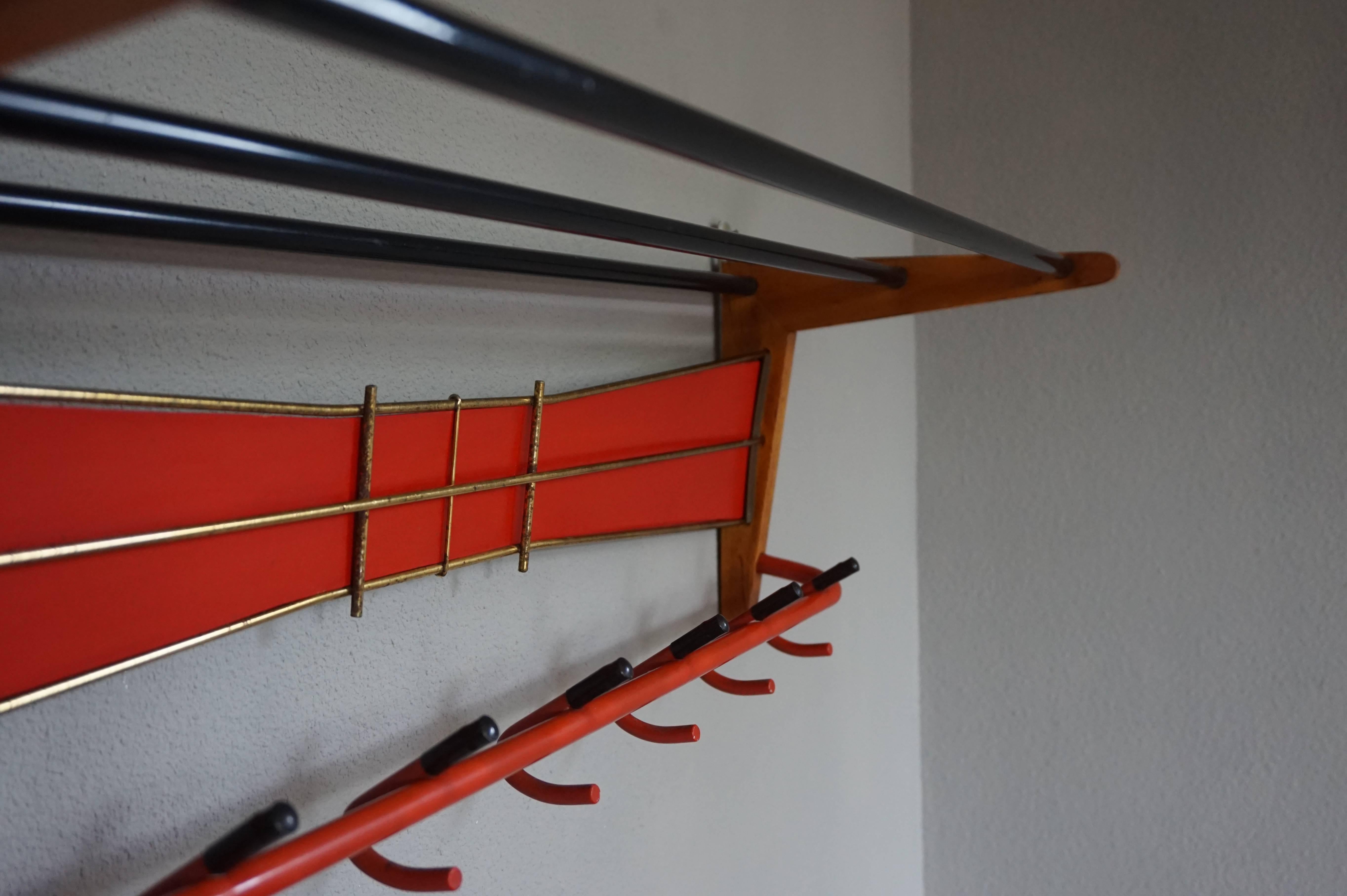 20th Century Mid-Century Modern Wood, Brass and Plastic, Red and Black Coat and Hat Rack For Sale
