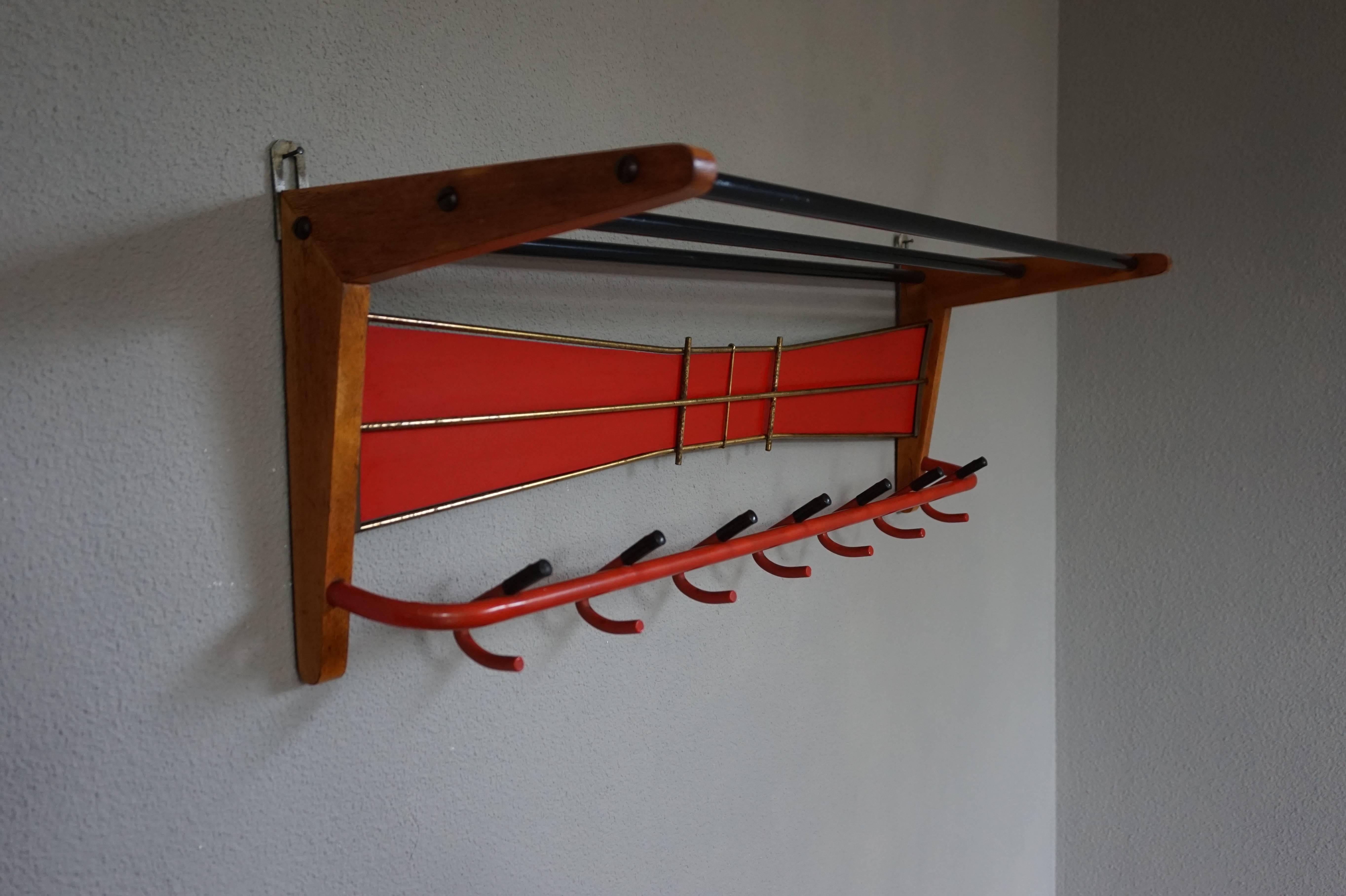 Mid-Century Modern Wood, Brass and Plastic, Red and Black Coat and Hat Rack For Sale 1