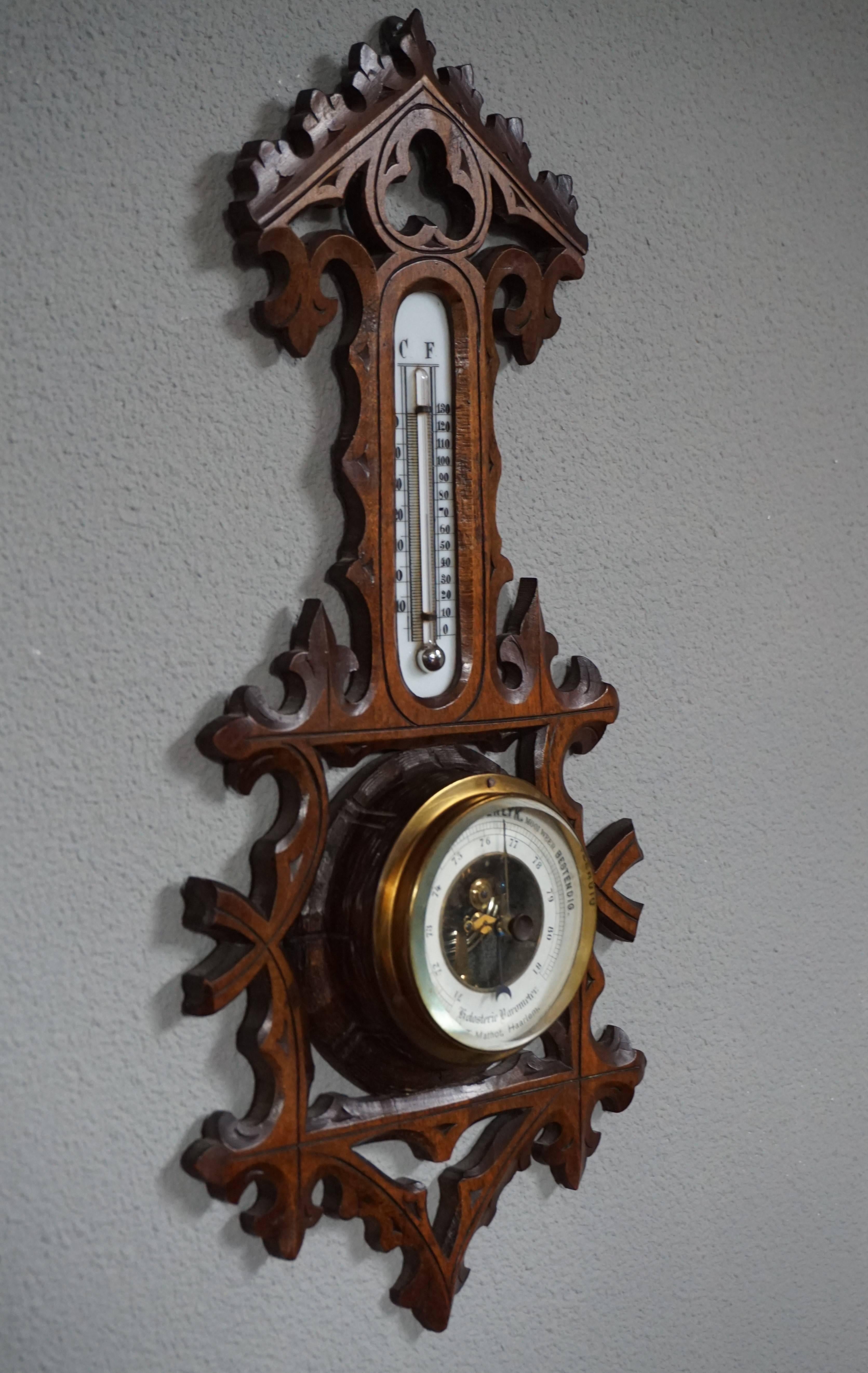 Excellent condition, Gothic Revival barometer.

This all handcrafted barometer in the Gothic style is definitely a rare find. This superb condition antique was entirely hand-crafted in the earliest years of the 1900s. With the trefoil symbol (for