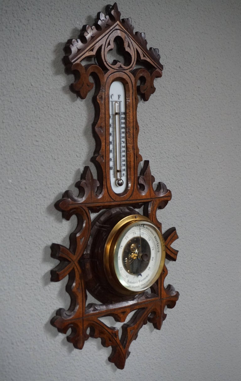 Early 20th Century HandCarved Gothic Revival Signed Barometer and