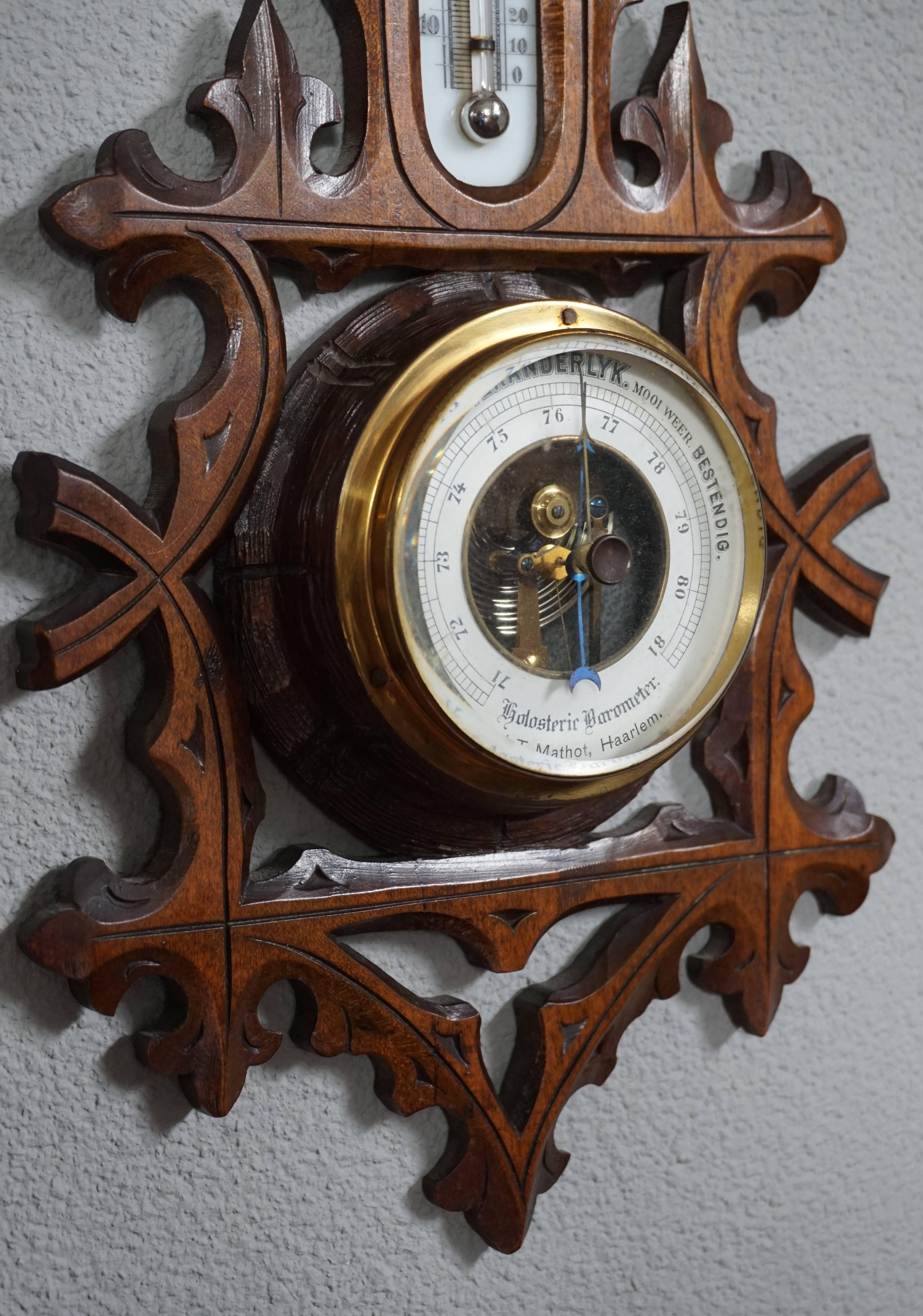 Dutch Antique Hand-Carved Gothic Revival Barometer & Thermometer w. Trefoil Symbol For Sale