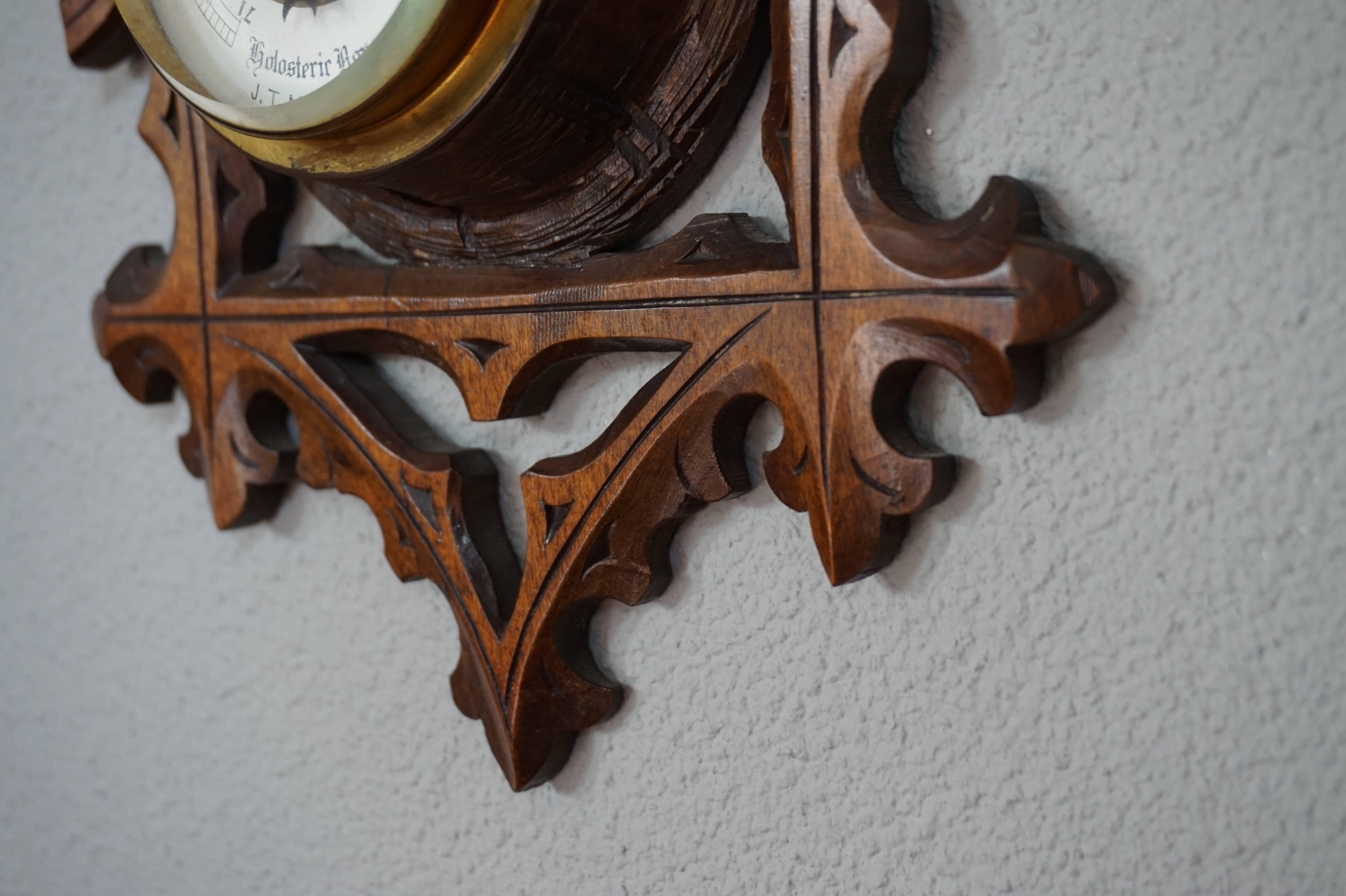 Beveled Antique Hand-Carved Gothic Revival Barometer & Thermometer w. Trefoil Symbol For Sale