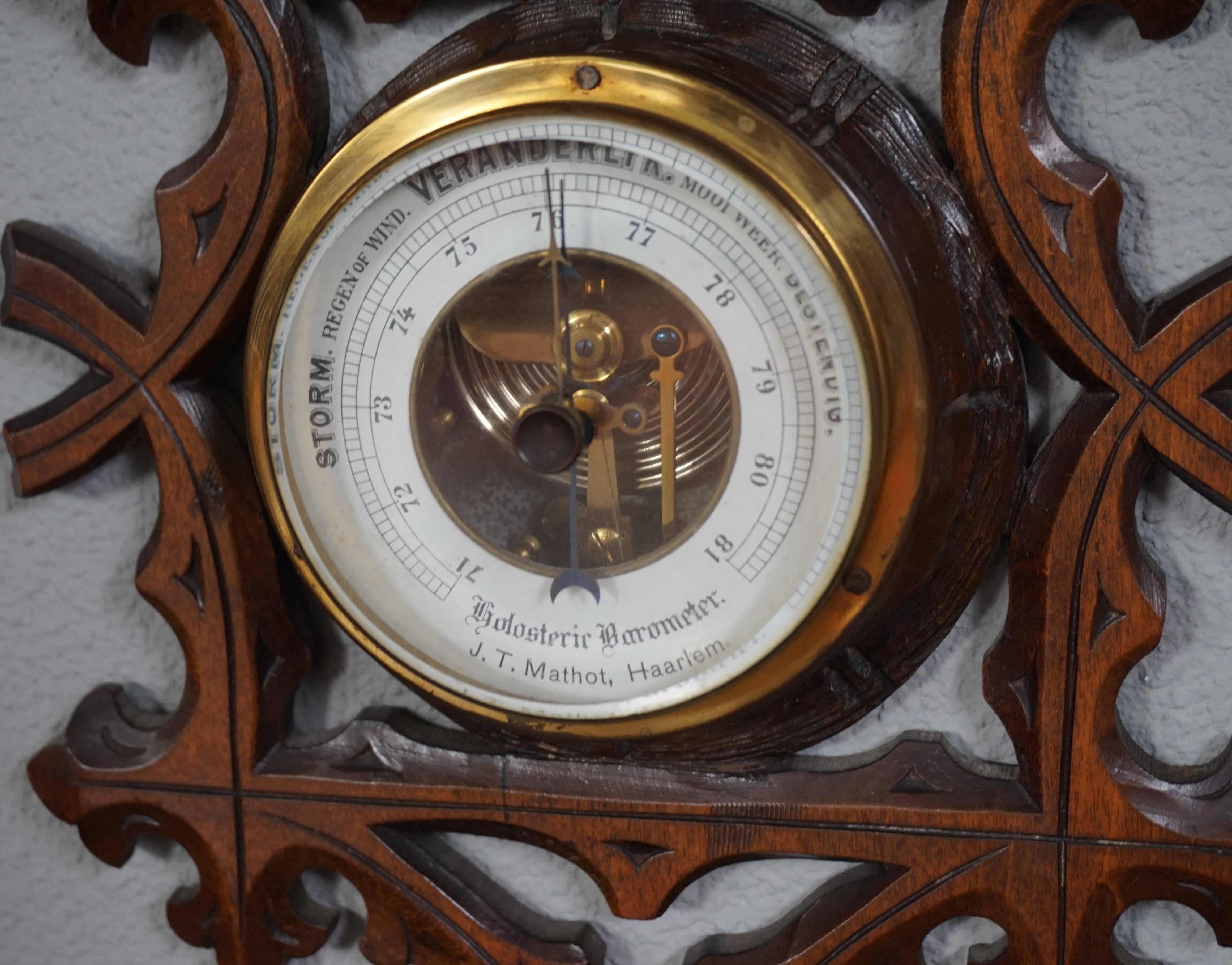 20th Century Antique Hand-Carved Gothic Revival Barometer & Thermometer w. Trefoil Symbol For Sale