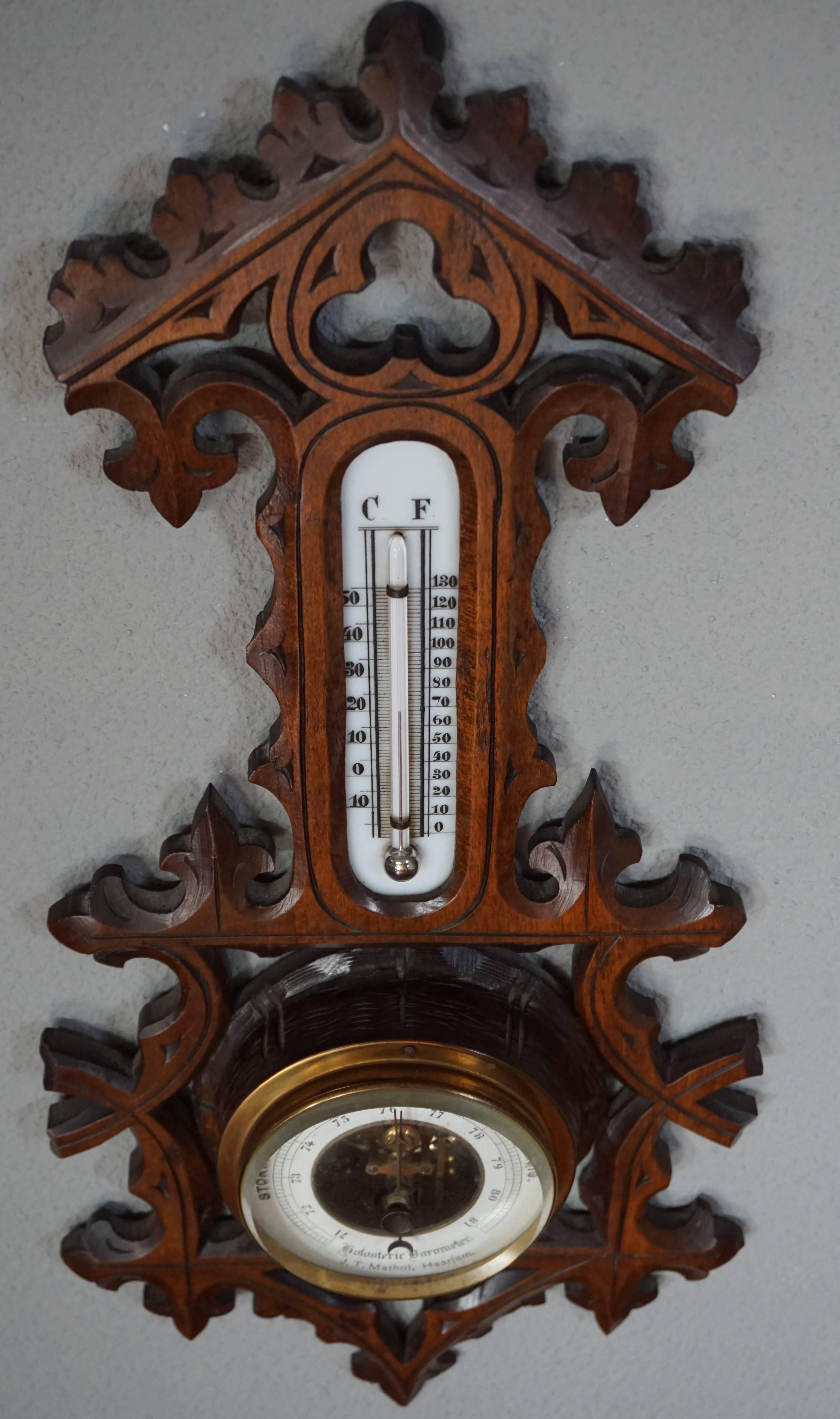 Porcelain Antique Hand-Carved Gothic Revival Barometer & Thermometer w. Trefoil Symbol For Sale