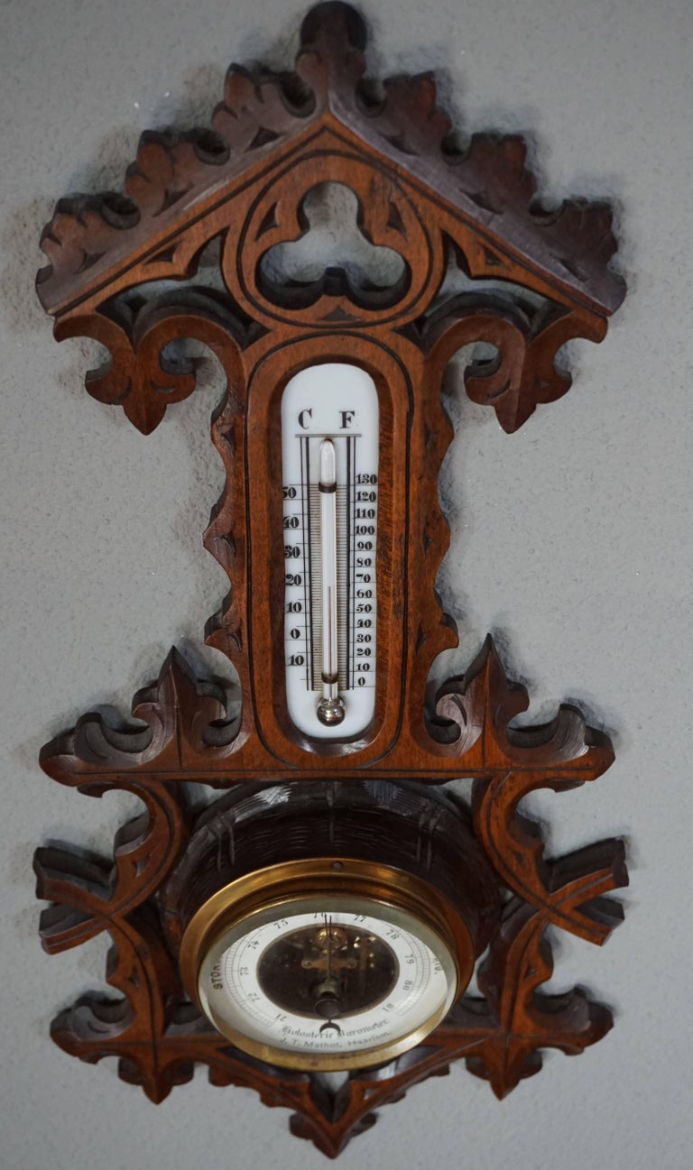 Early 20th Century HandCarved Gothic Revival Signed Barometer and
