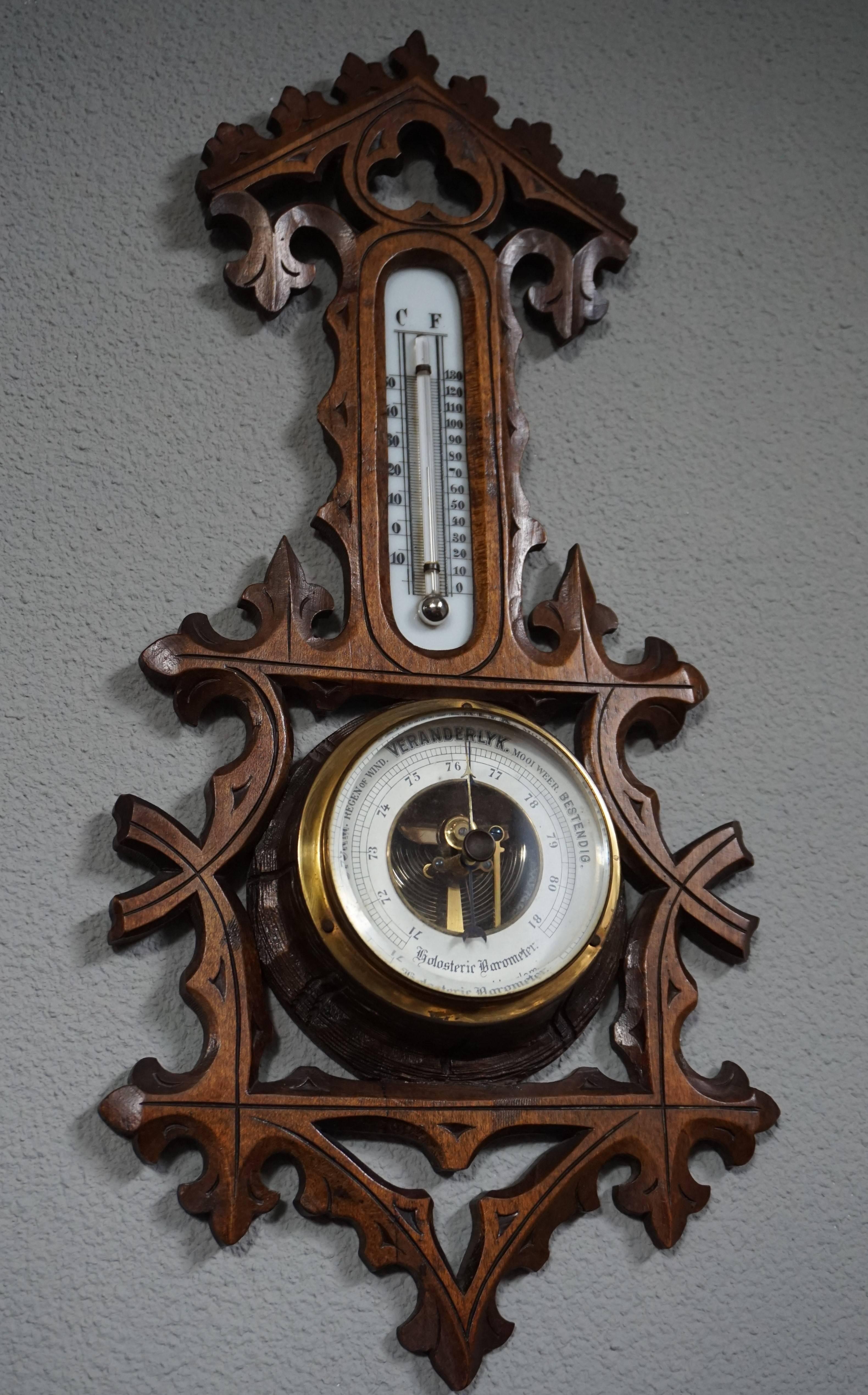 Antique Hand-Carved Gothic Revival Barometer & Thermometer w. Trefoil Symbol For Sale 1