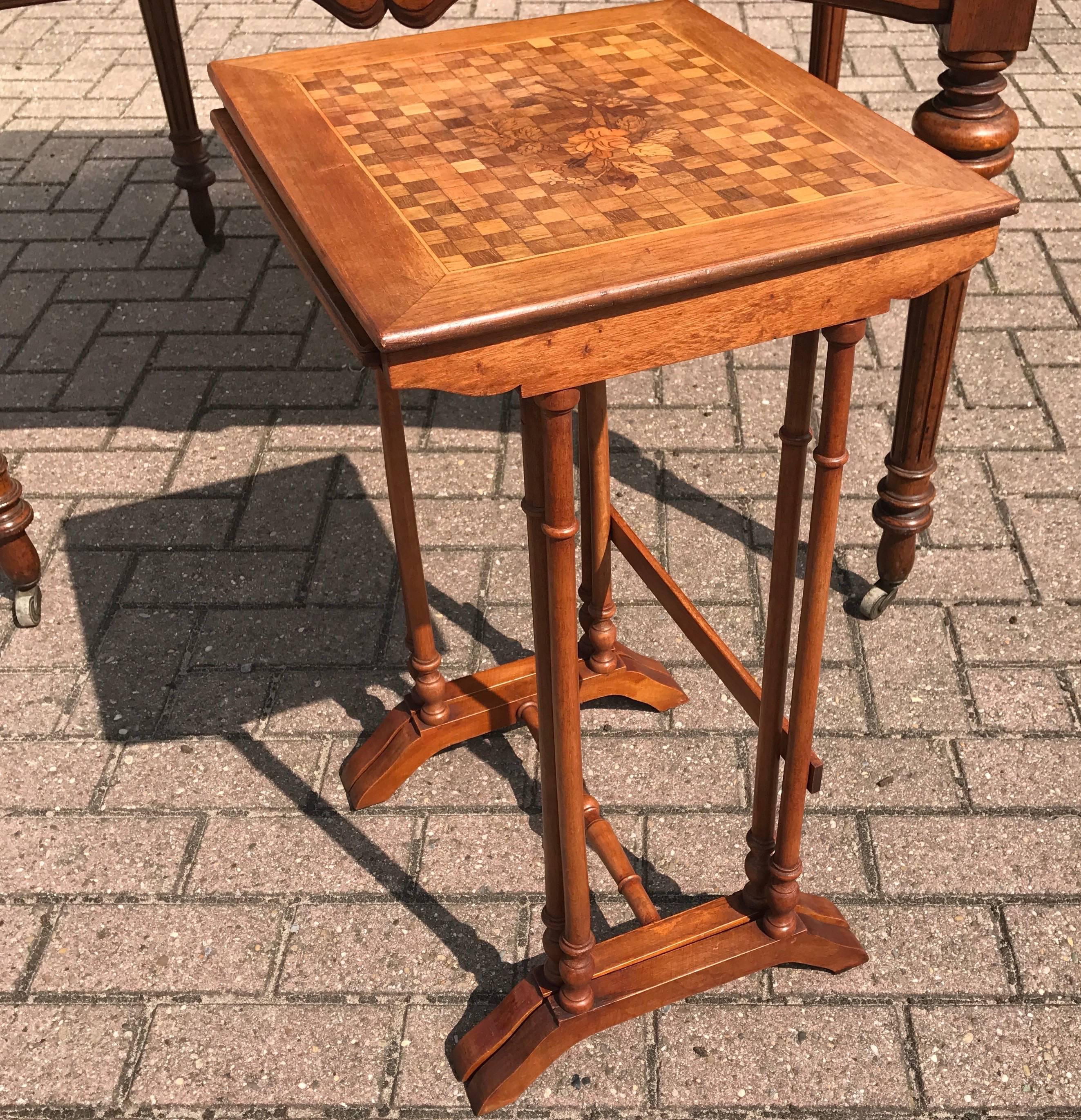 French Art Nouveau Era Nest of Marquetry Tables with Inlaid Flowers in Gallé Style