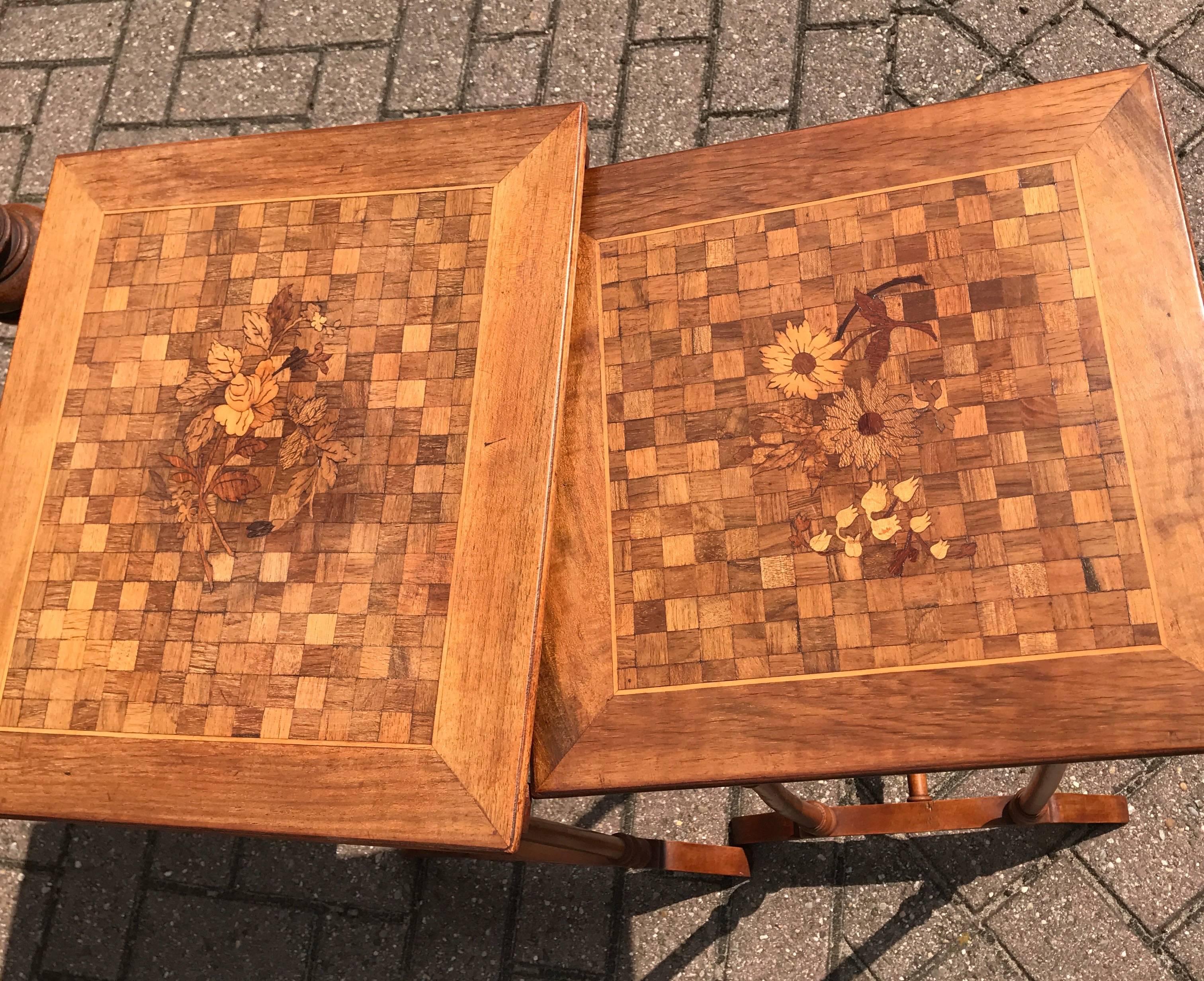 Hand-Crafted Art Nouveau Era Nest of Marquetry Tables with Inlaid Flowers in Gallé Style