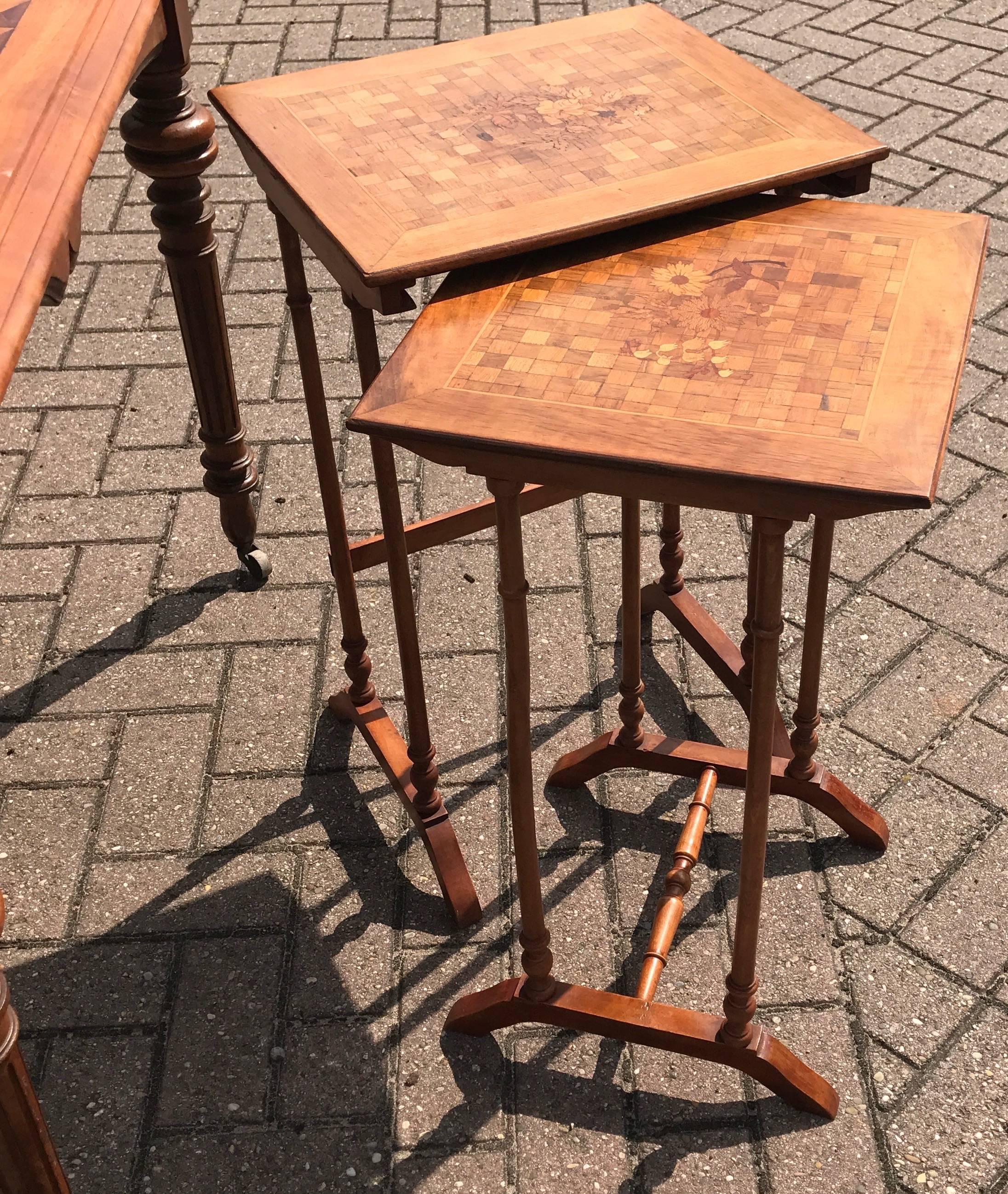 Art Nouveau Era Nest of Marquetry Tables with Inlaid Flowers in Gallé Style 2