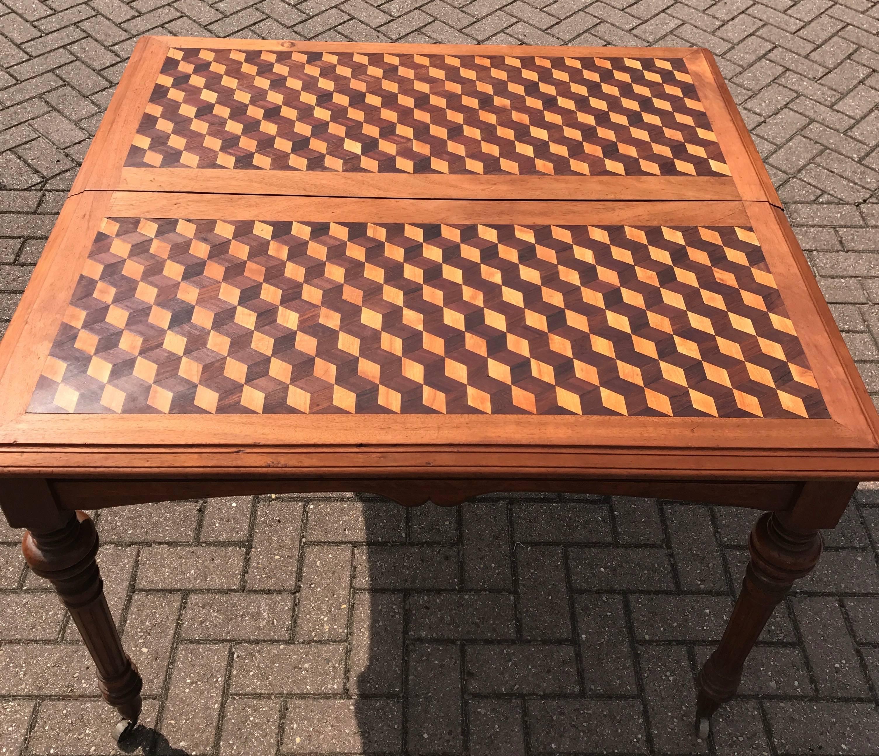 Hand-Crafted Stunning Antique Marquetry Inlaid Square Centre Table, French Nutwood on Casters For Sale