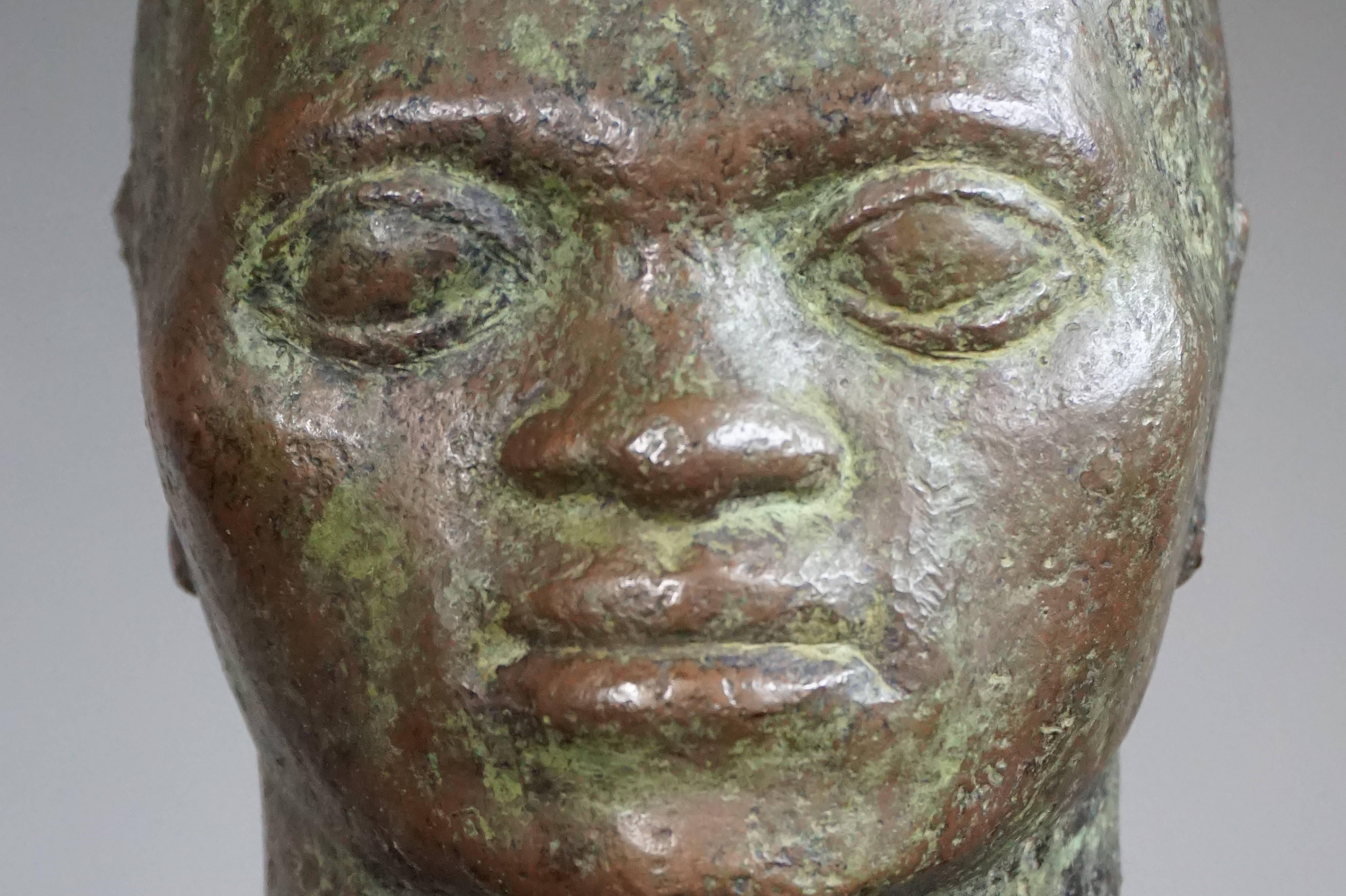 20th Century Small to Mid Size, Rare and Serene African Male Bronze Bust on Black Marble Base