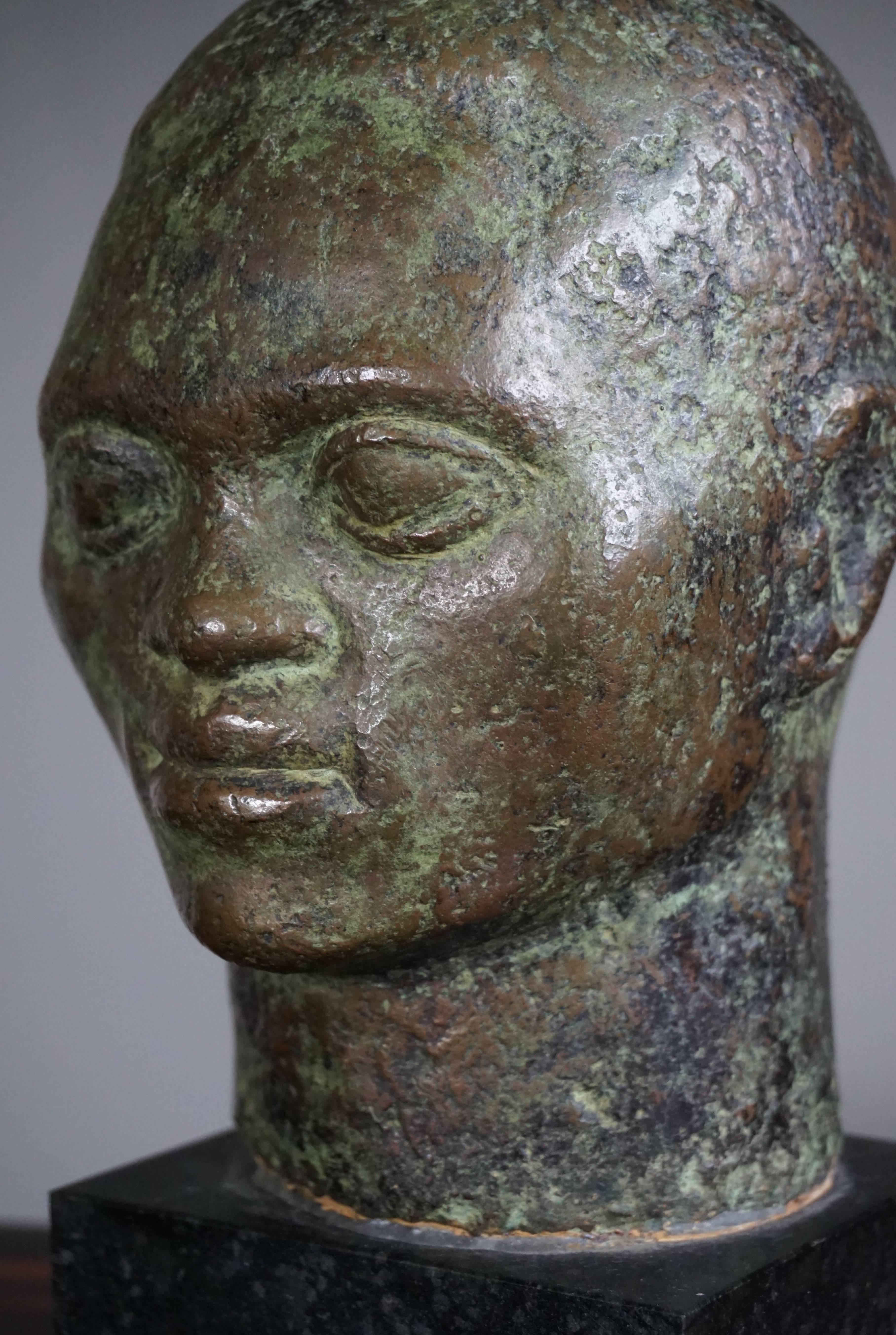 Small to Mid Size, Rare and Serene African Male Bronze Bust on Black Marble Base 1