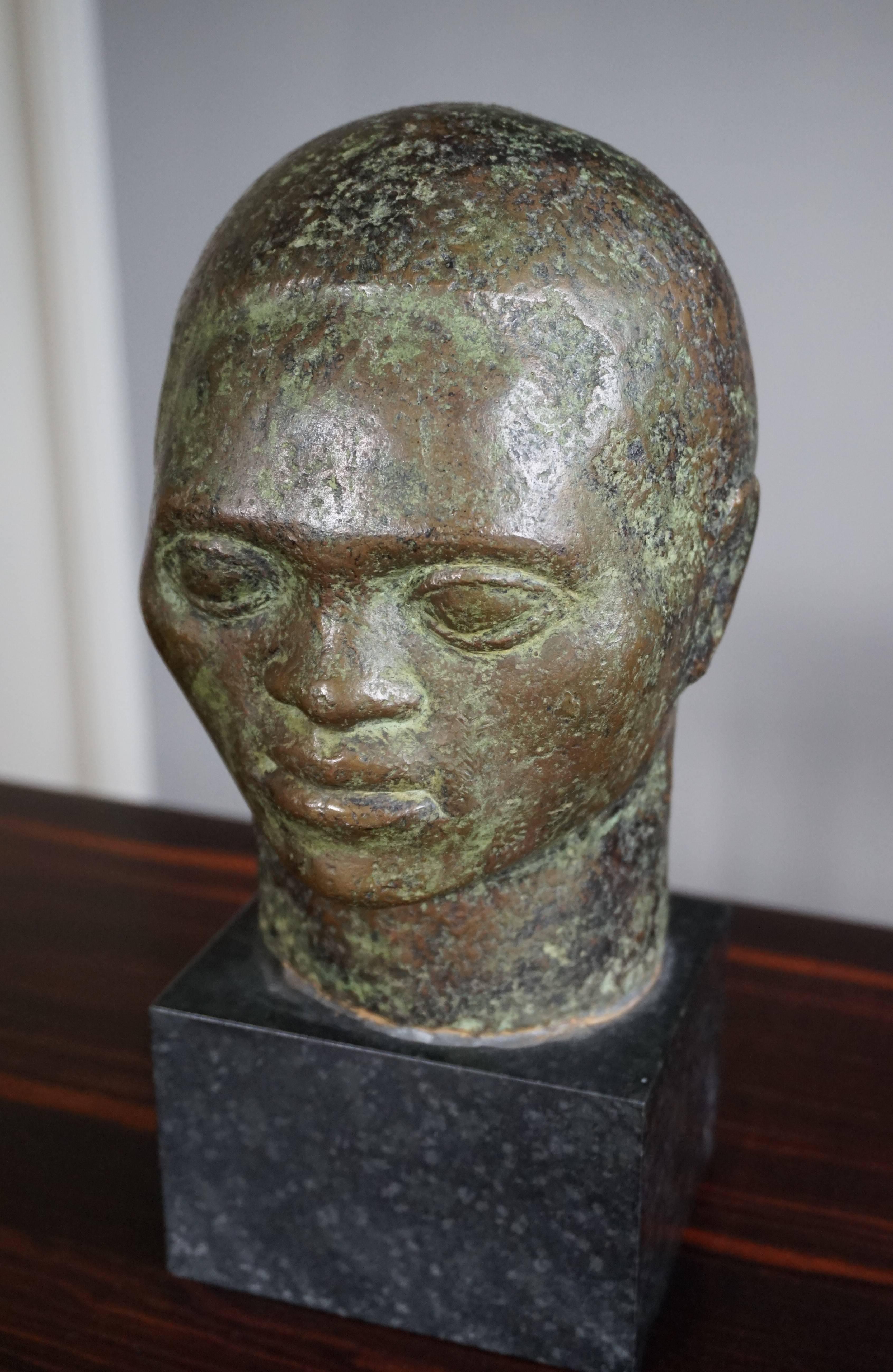 Small to Mid Size, Rare and Serene African Male Bronze Bust on Black Marble Base 2