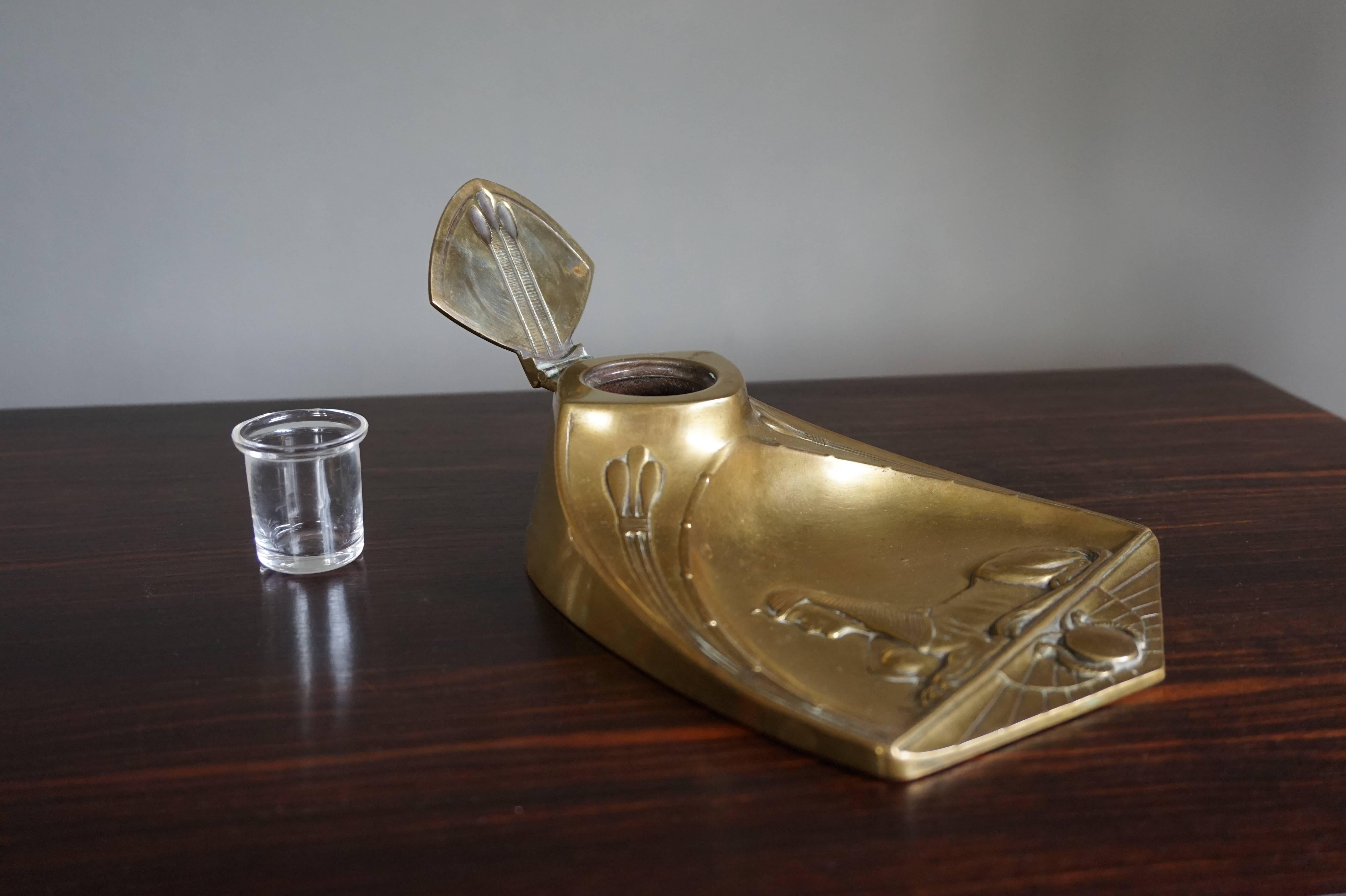 20th Century Antique WMF Jugendstil Sphinx Theme Egyptian Revival Inkstand with Glass Liner