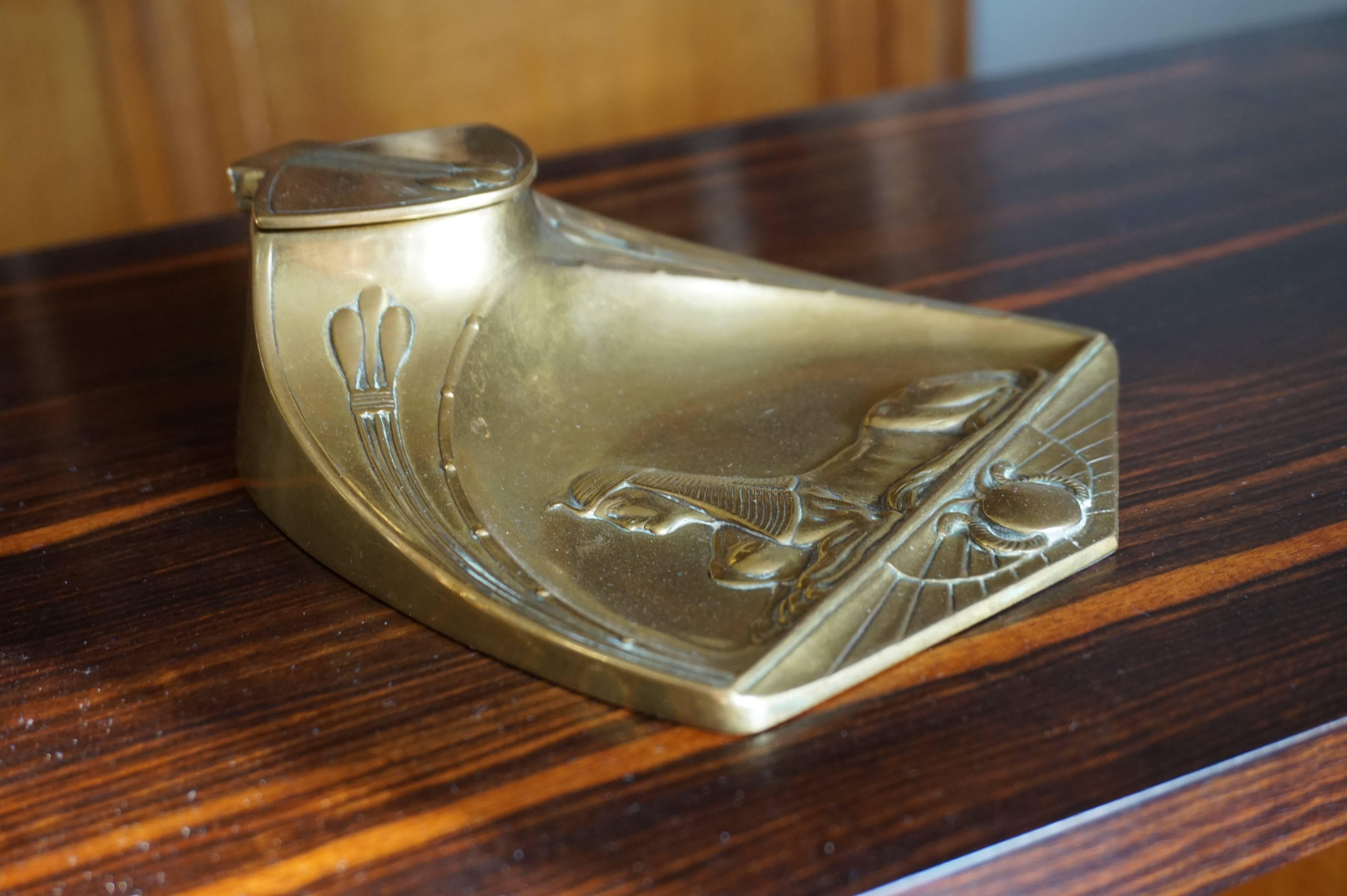 Cast Antique WMF Jugendstil Sphinx Theme Egyptian Revival Inkstand with Glass Liner