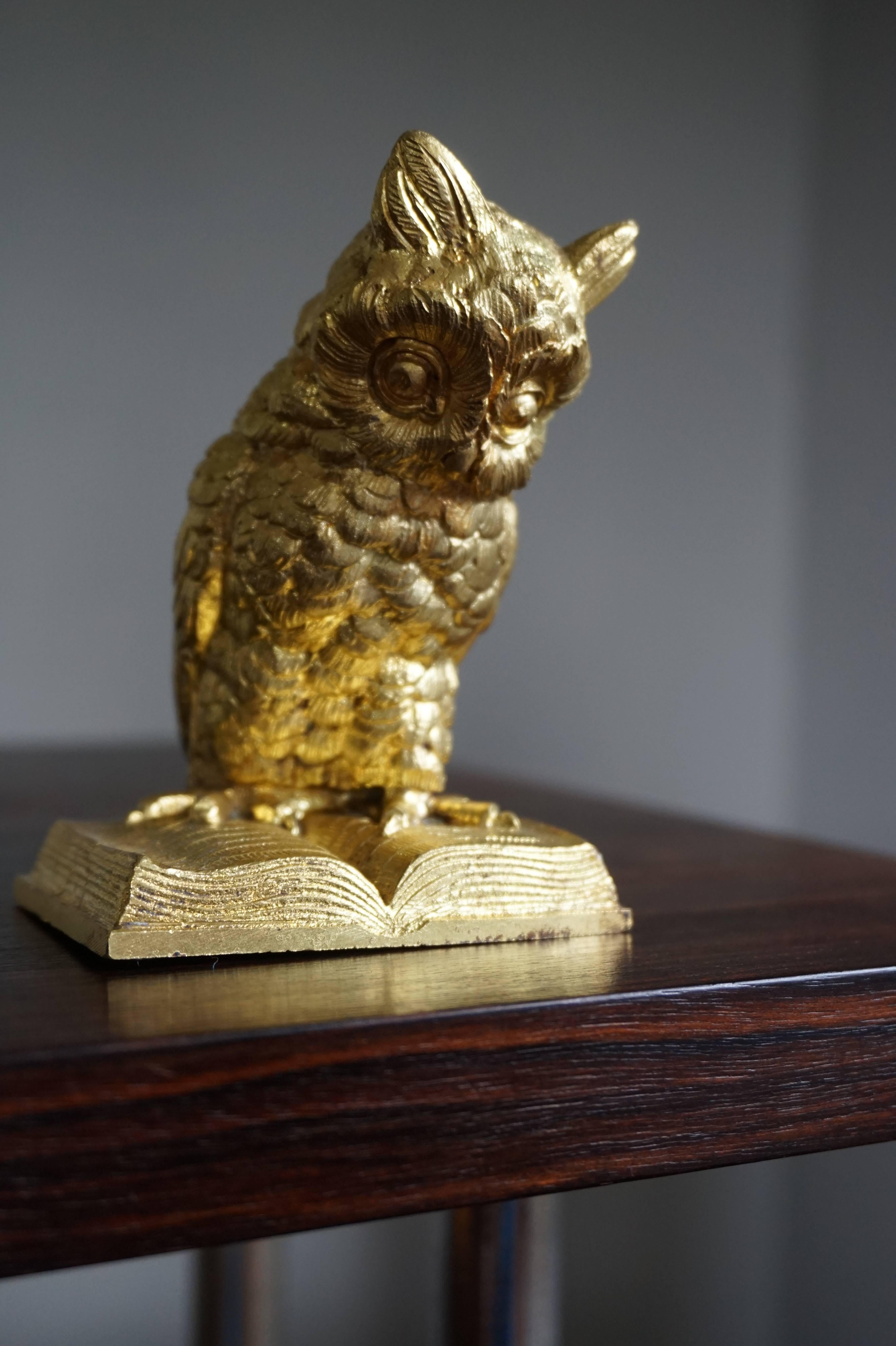 Handcrafted little desk piece with striking gold color.

This small owl sculpture makes a great desk piece and the gilding was probably redone about 20 years ago. This is why this antique little bronze looks just as it would have done about one