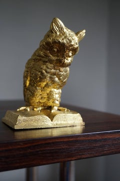 Late 19th Century Small Antique Gilt Bronze Owl on Book Sculpture, Paperweight