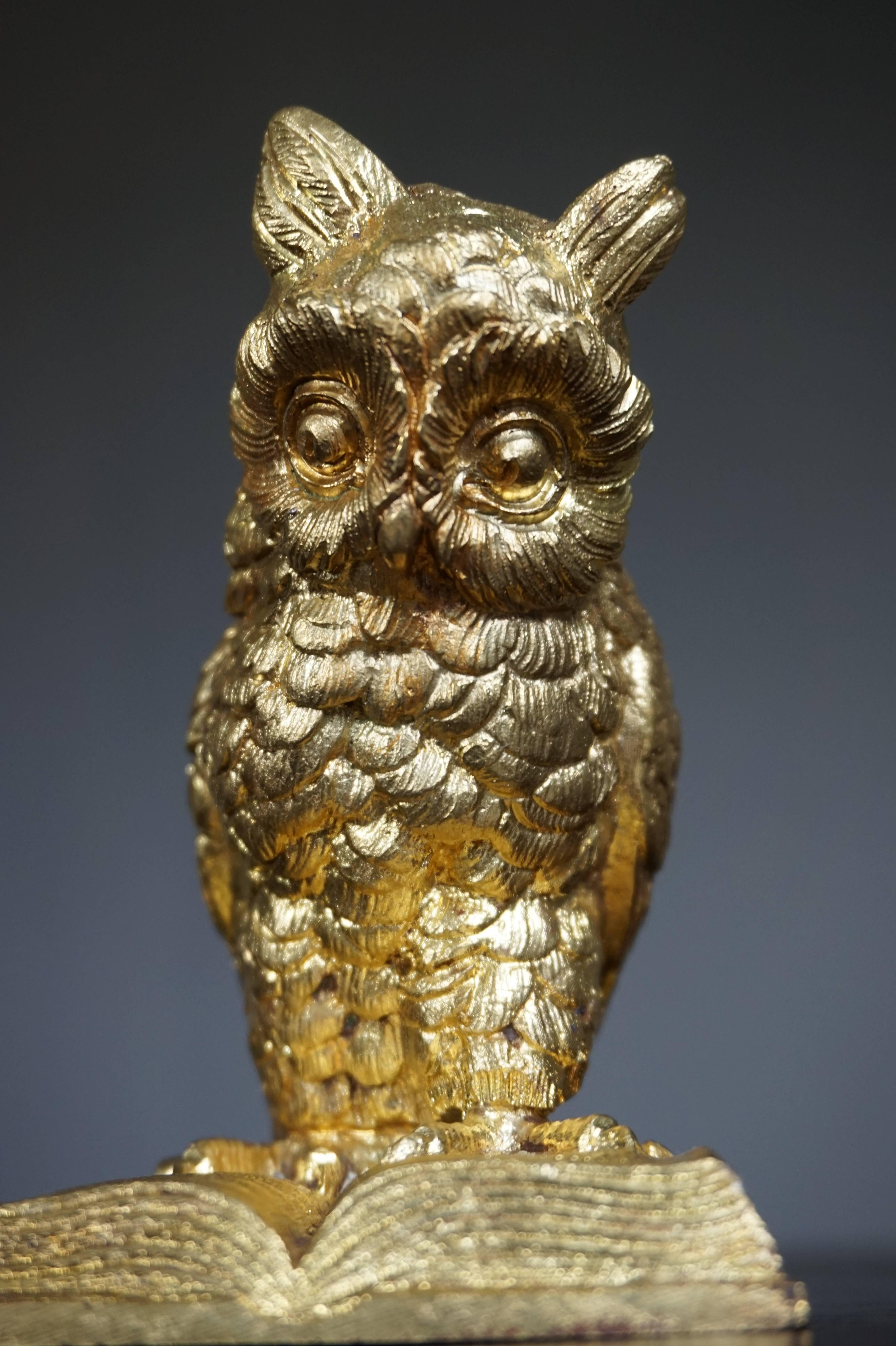 French Late 19th Century Small Antique Gilt Bronze Owl on Book Sculpture, Paperweight