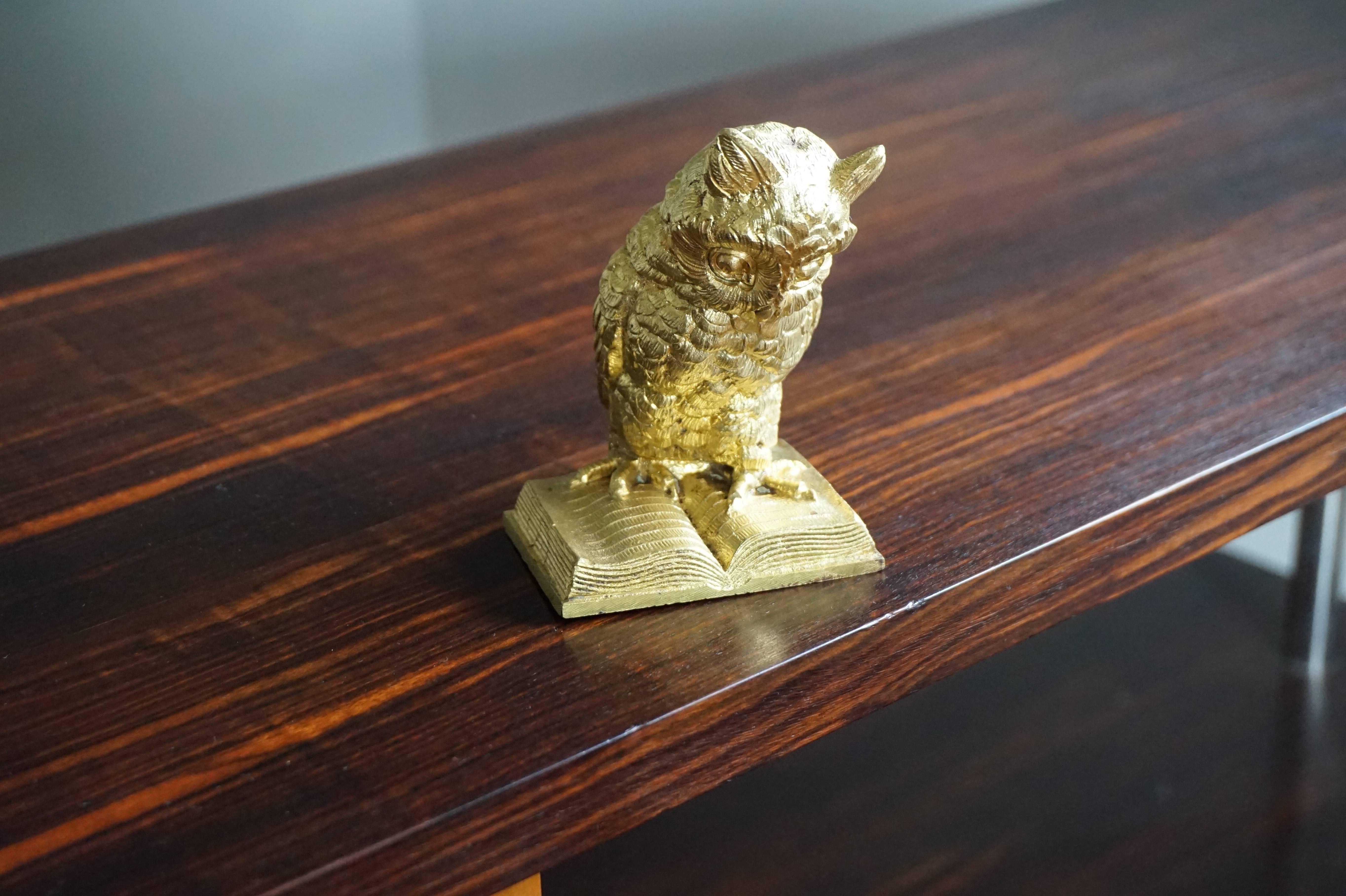 Late 19th Century Small Antique Gilt Bronze Owl on Book Sculpture, Paperweight 1