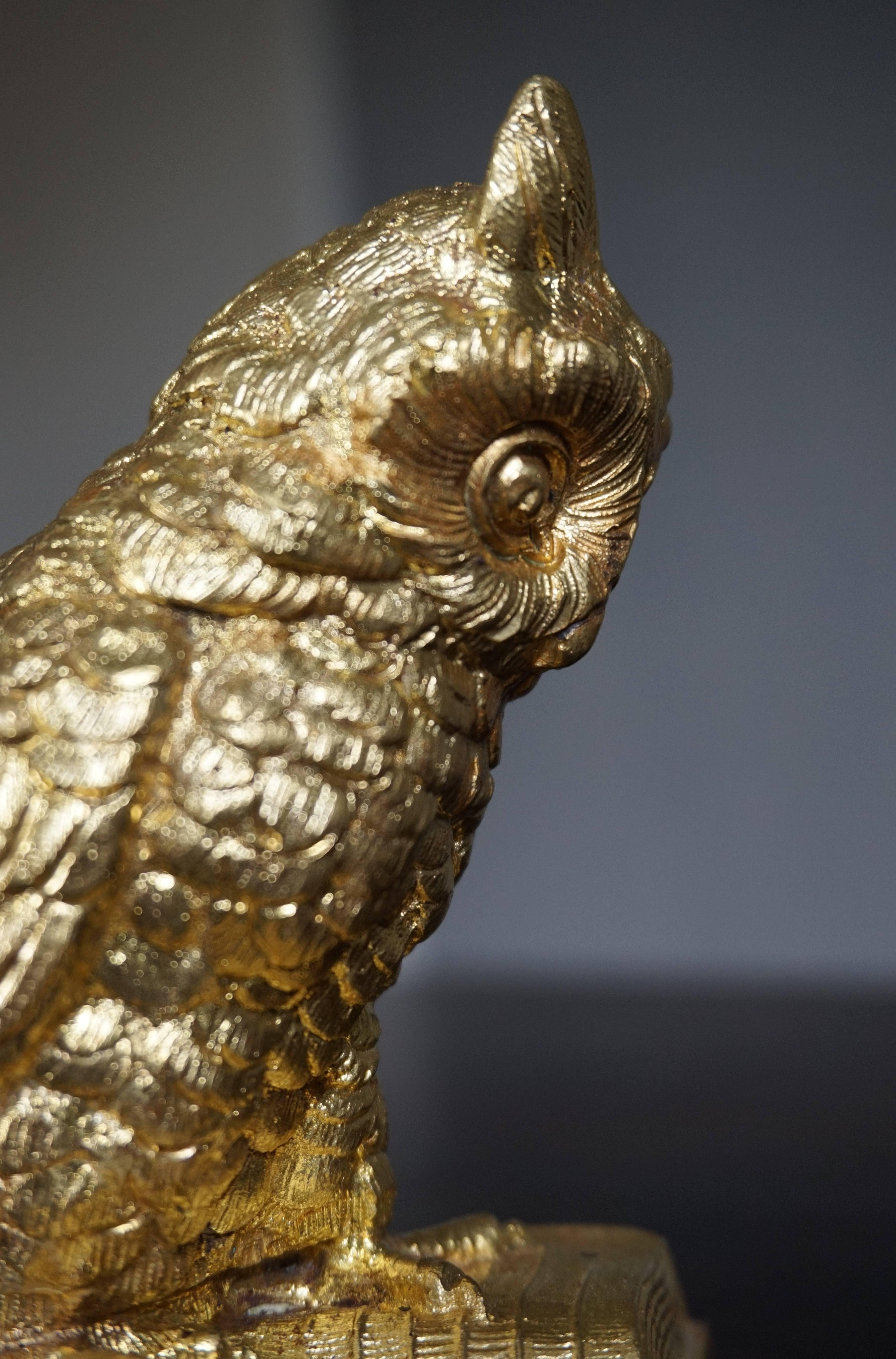 Late 19th Century Small Antique Gilt Bronze Owl on Book Sculpture, Paperweight 3