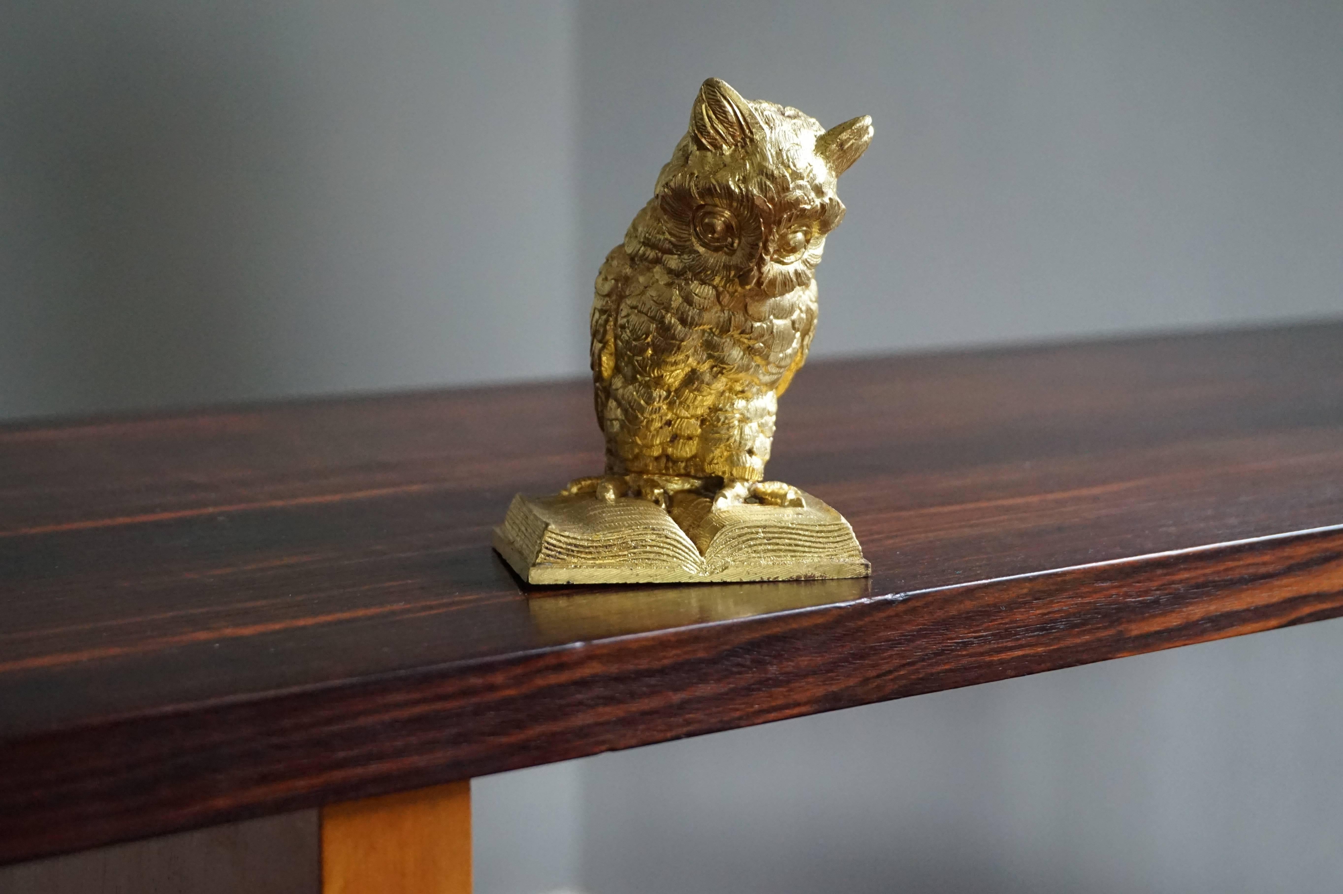 Late 19th Century Small Antique Gilt Bronze Owl on Book Sculpture, Paperweight 4