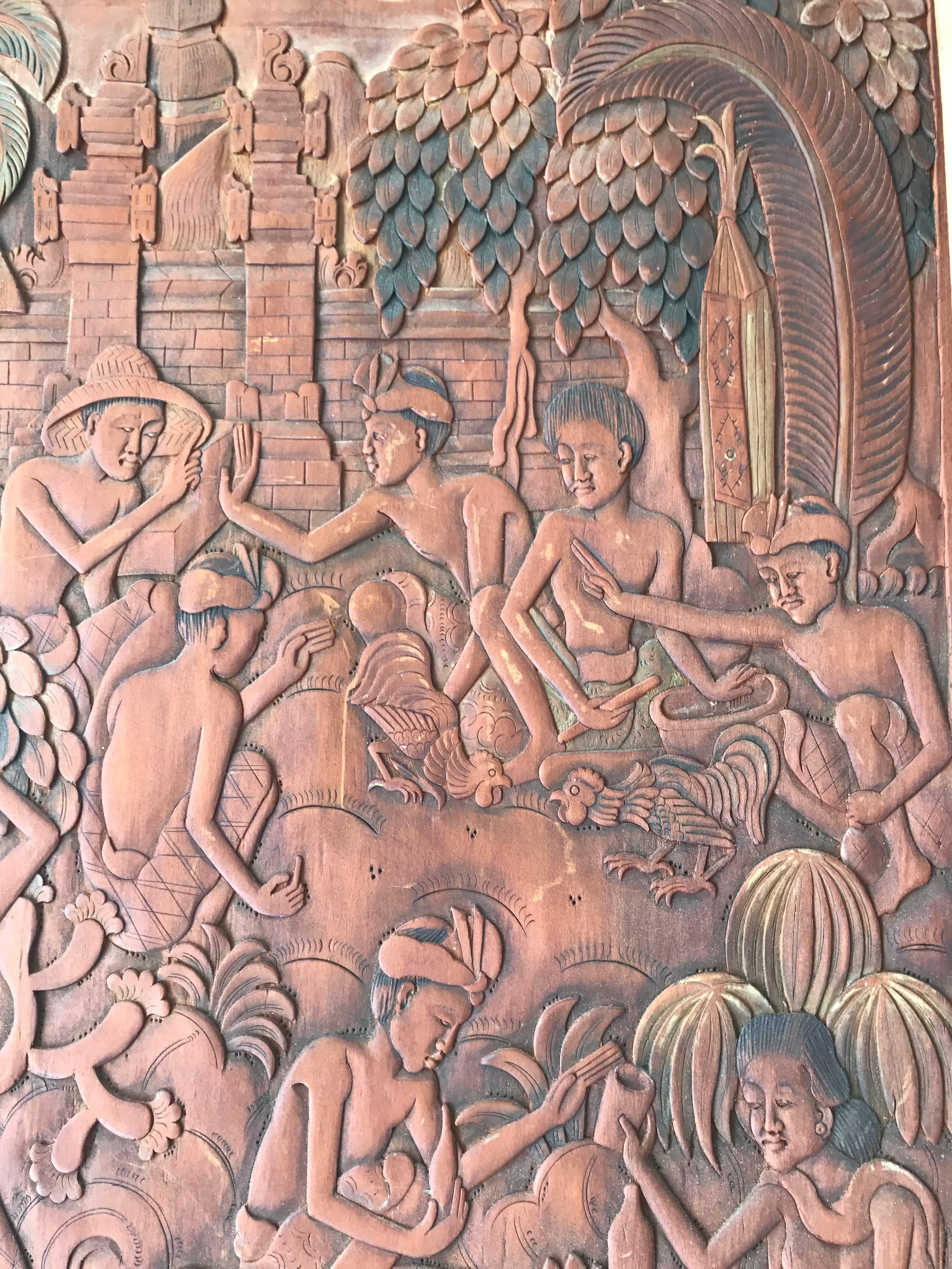 Indonesian Balinese, Batuan Hand Carved Cockfight Painting Sculpture by Ida Bagus Made Raka For Sale