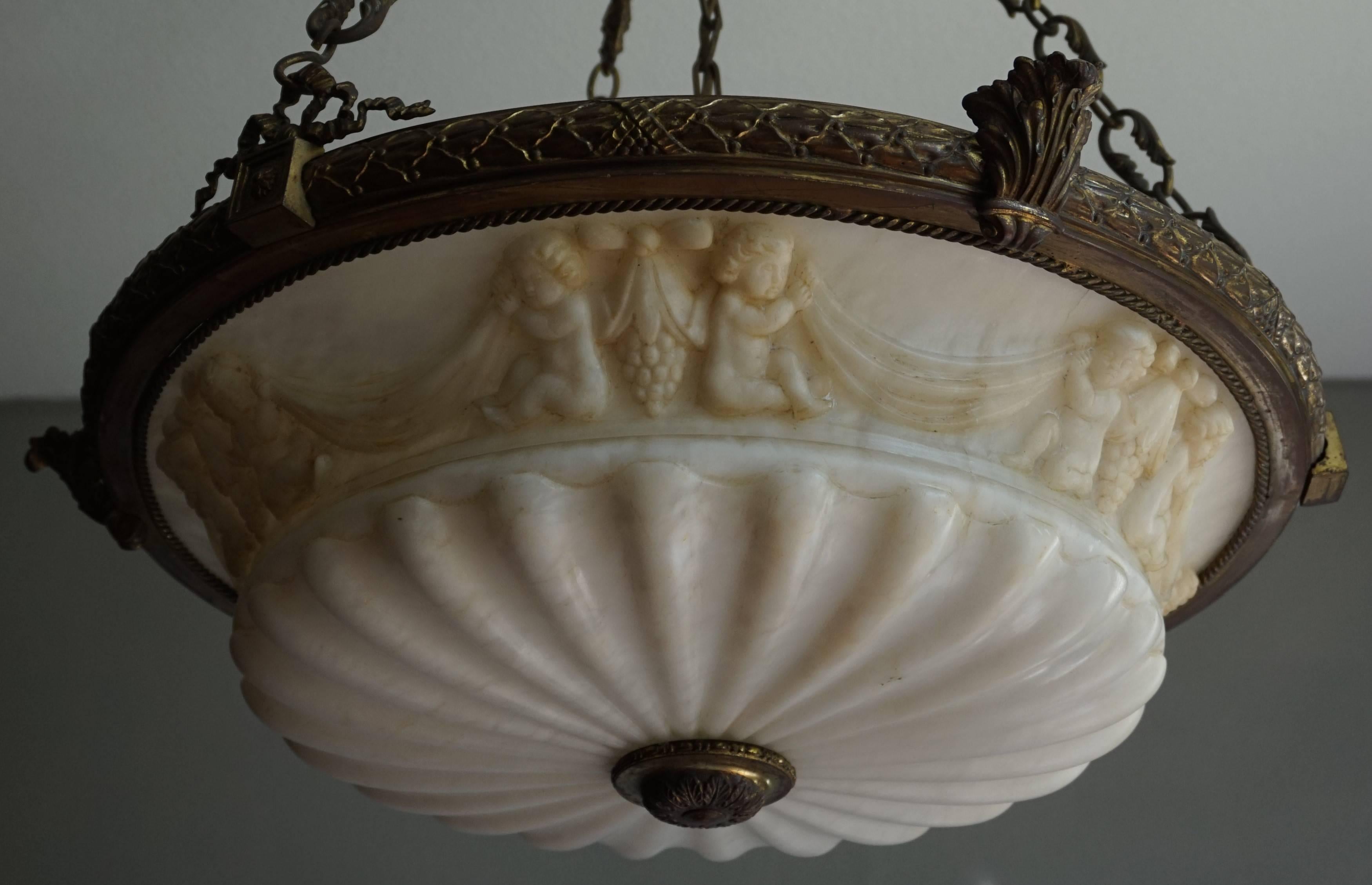 Antique Hand Carved Putti Alabaster Pendant with Removable Bronze Candelabras In Excellent Condition For Sale In Lisse, NL