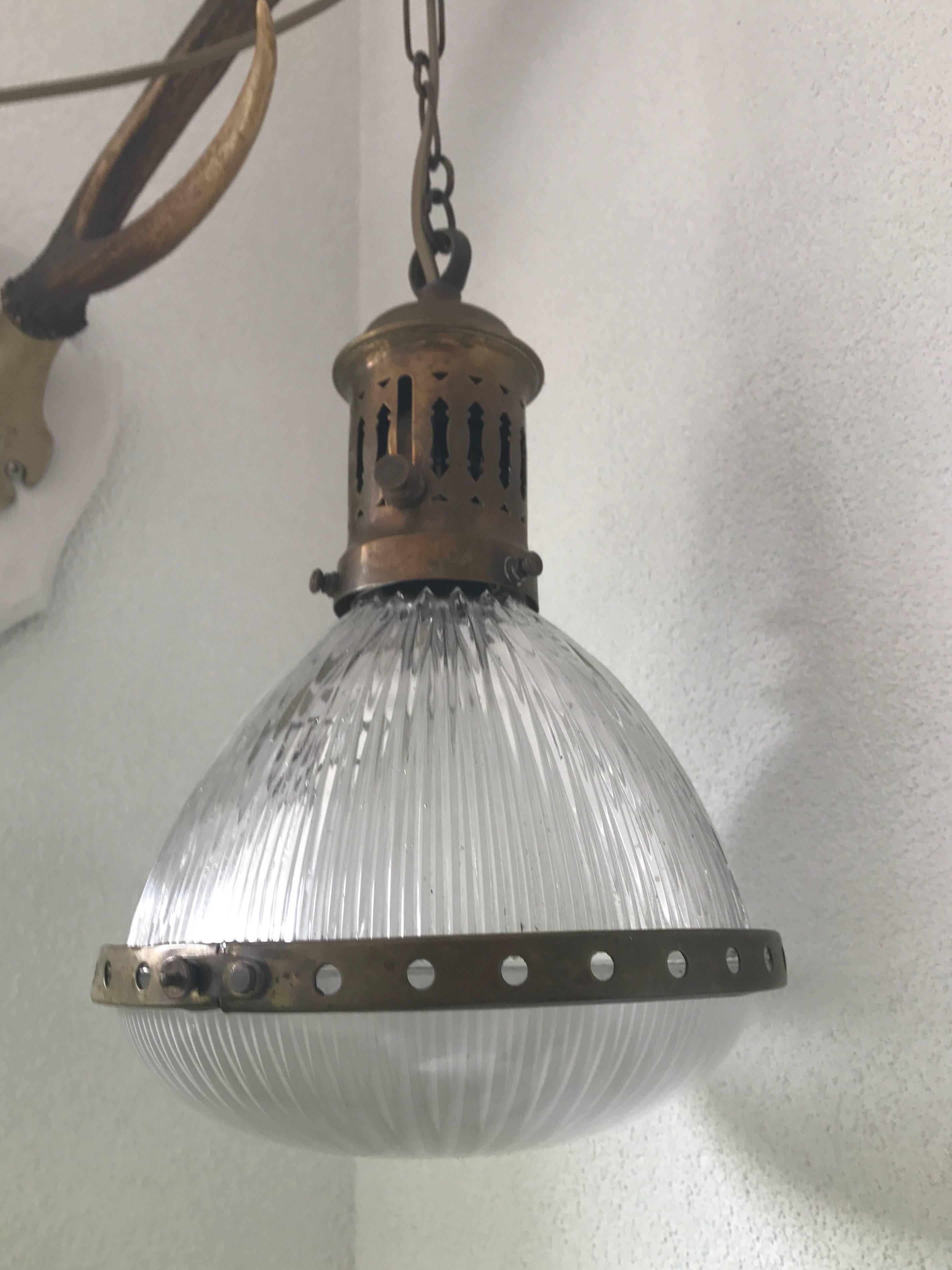 Small French Art Deco Holophane Glass and Brass Pendant Light Ceiling Lamp 2