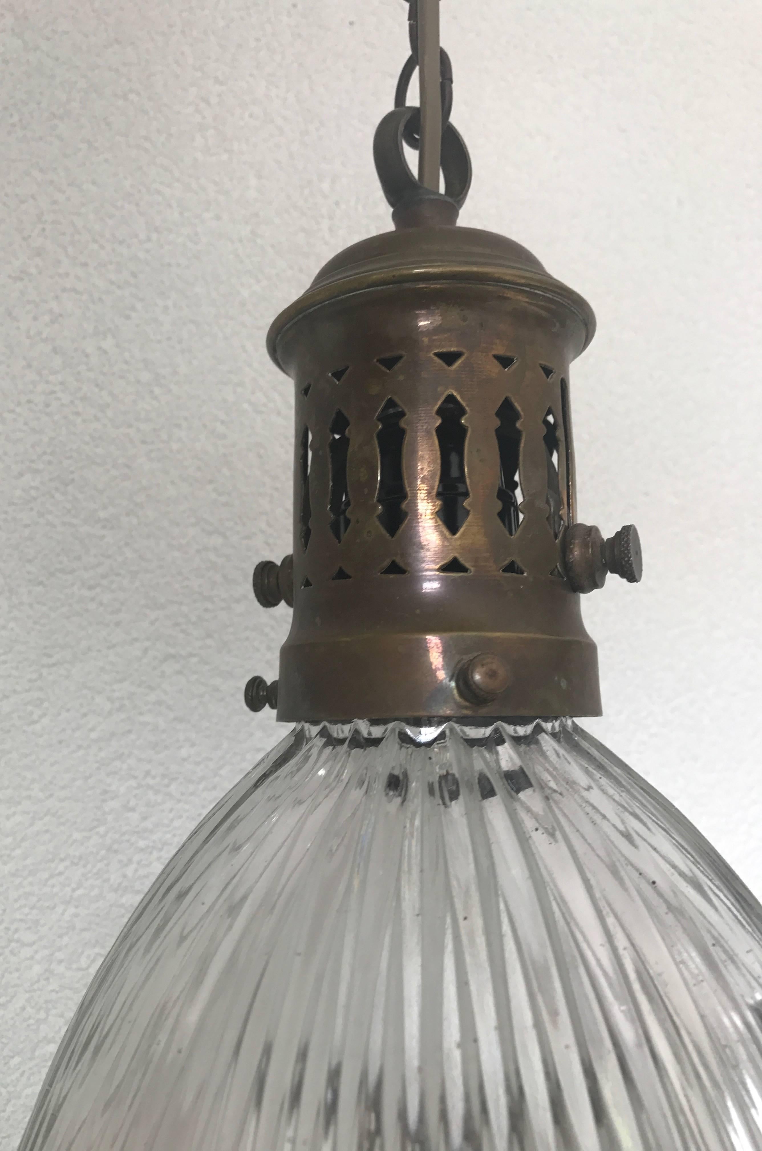 Small French Art Deco Holophane Glass and Brass Pendant Light Ceiling Lamp 4