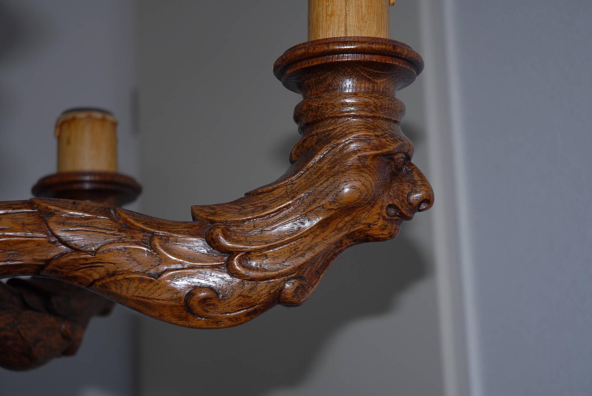 Dutch Antique and Large Top Quality Carved Oak Six-Light Sculpture Chandelier Pendant For Sale