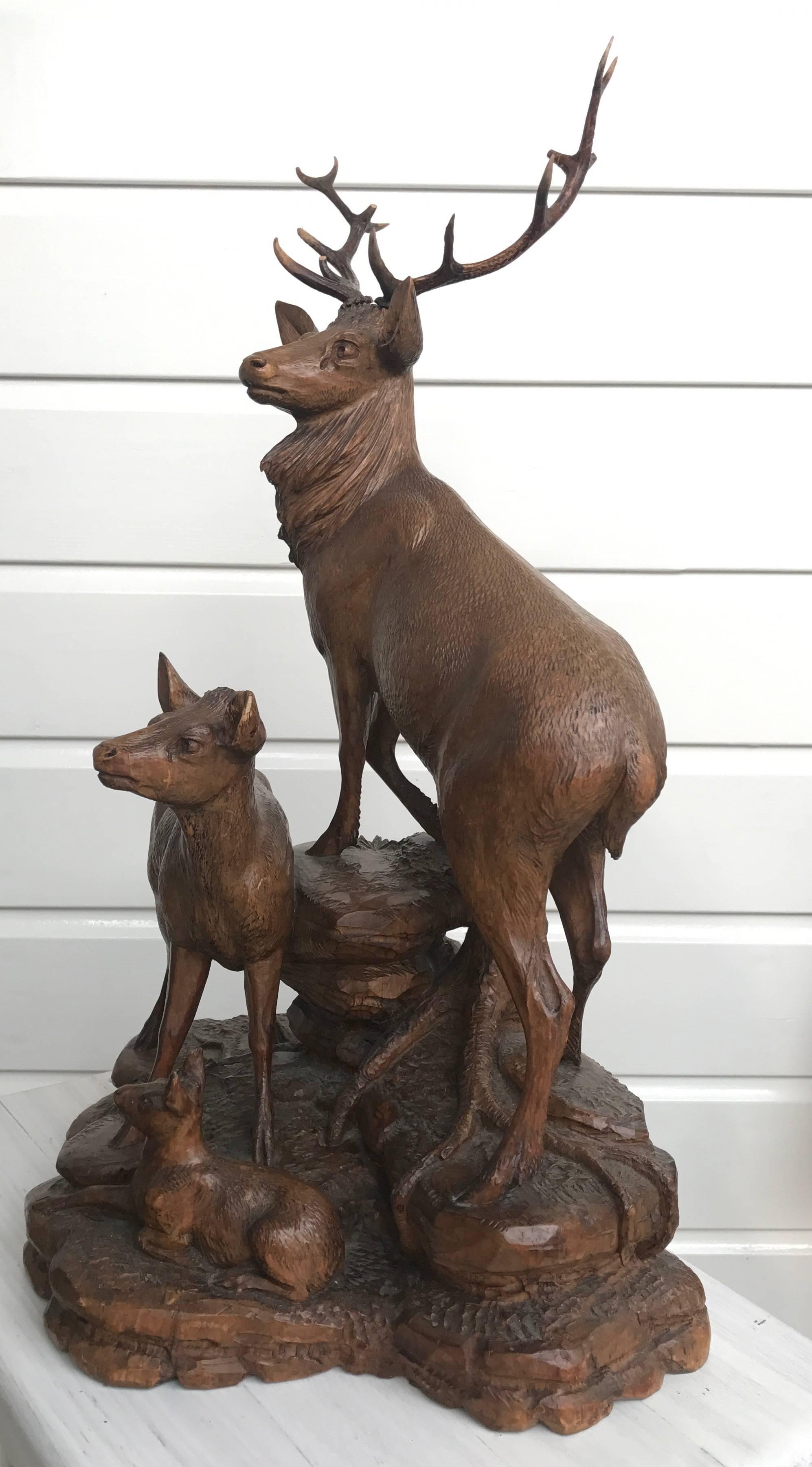 Swiss Antique and Large Hand-Carved Black Forest Walnut Deer Family Sculpture Statue