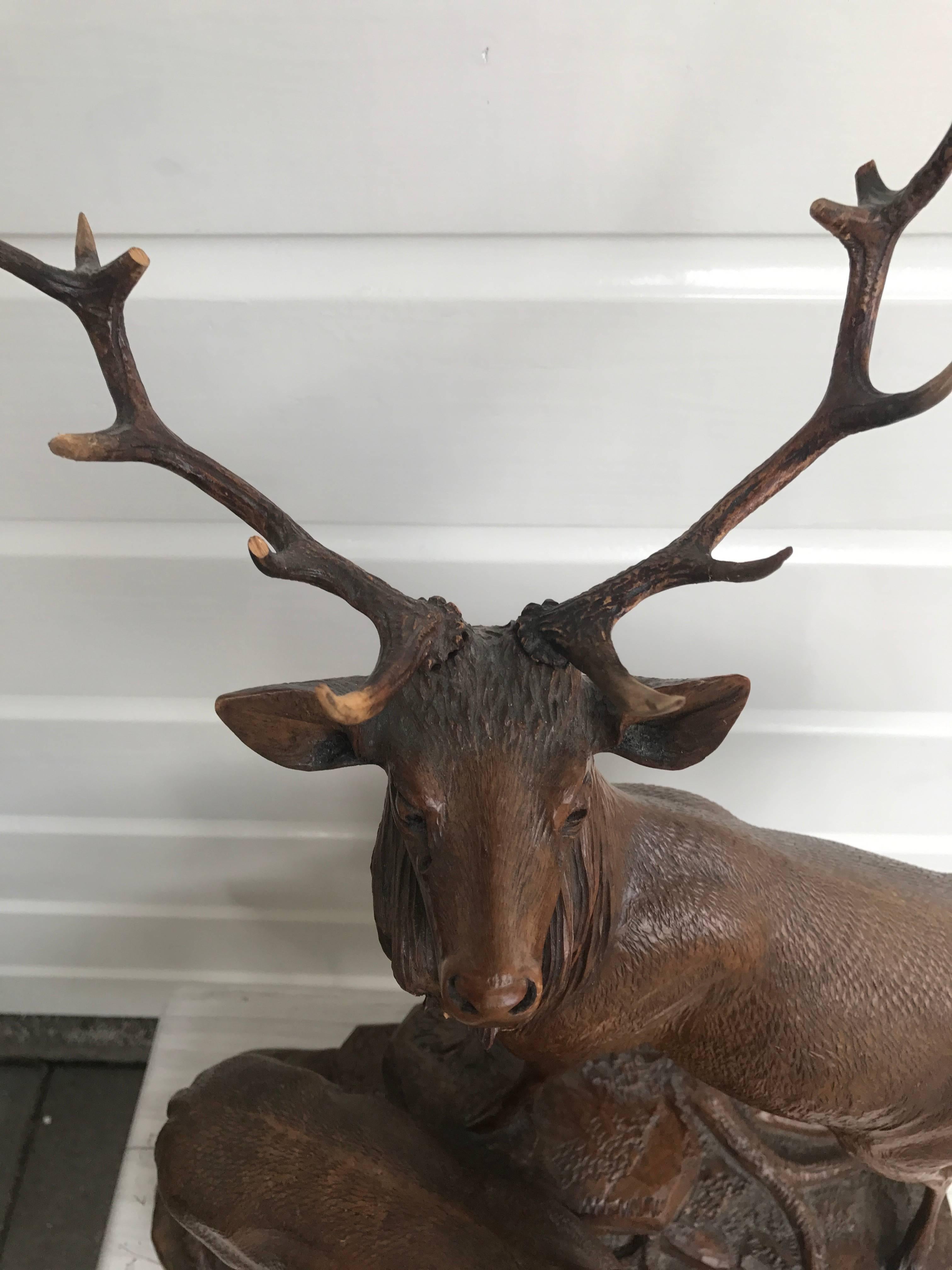 Antique and Large Hand-Carved Black Forest Walnut Deer Family Sculpture Statue 2