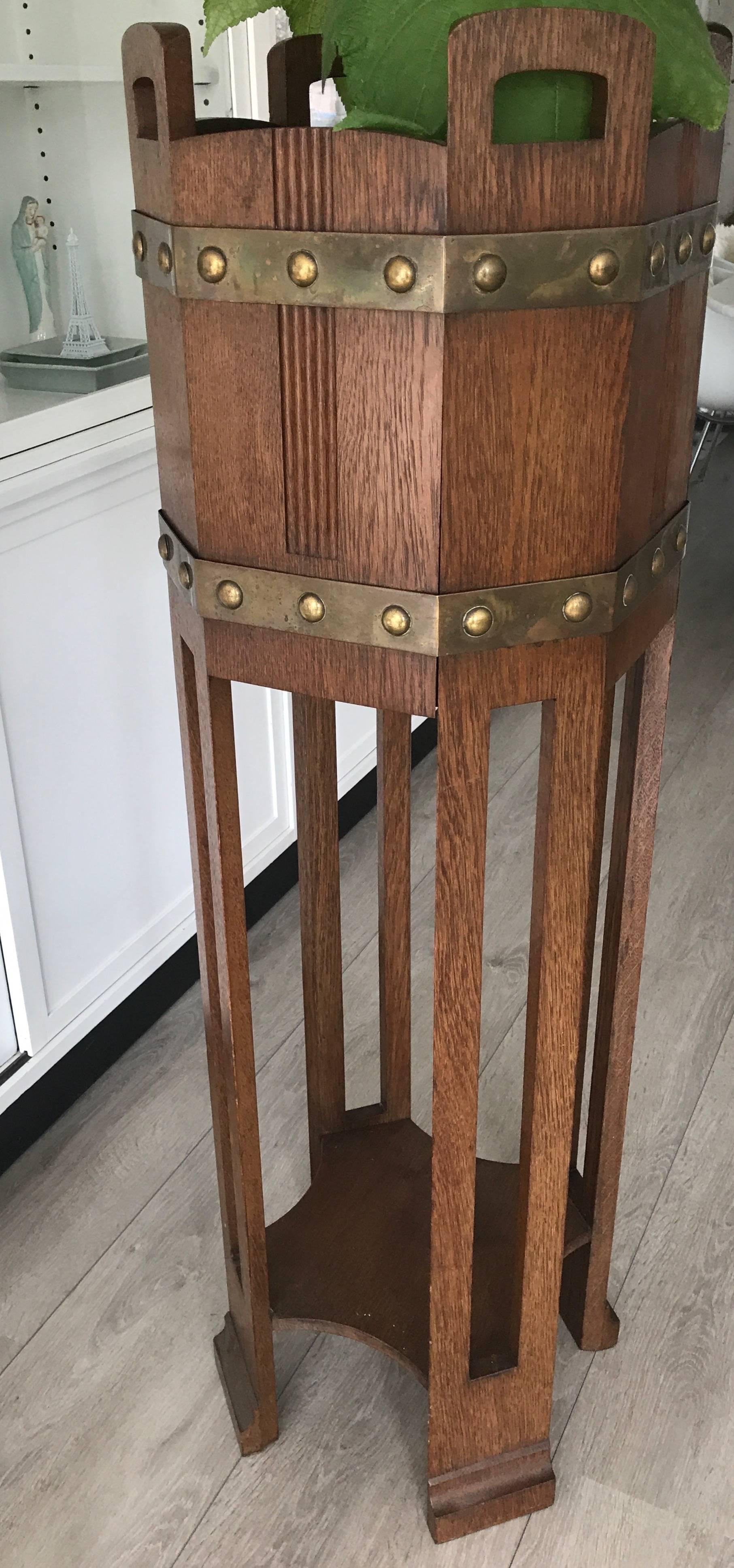 Brass Large Arts & Crafts Hand-Crafted Oak Jardiniere / Plant Stand with Copper Bands For Sale