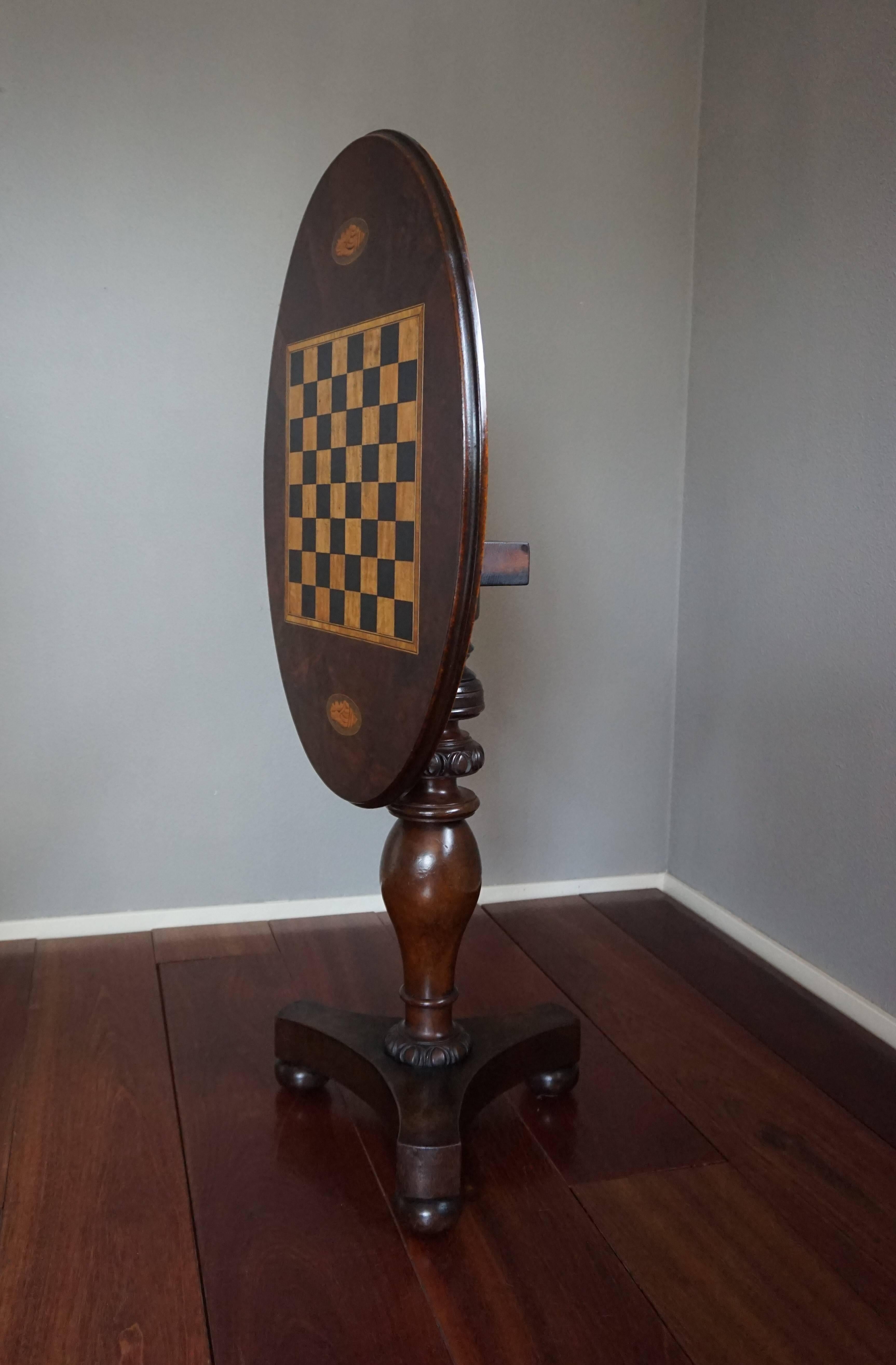 British Antique Nutwood and Burl Nutwood Tilt-Top Chess Table with Nautilus Shell Inlay