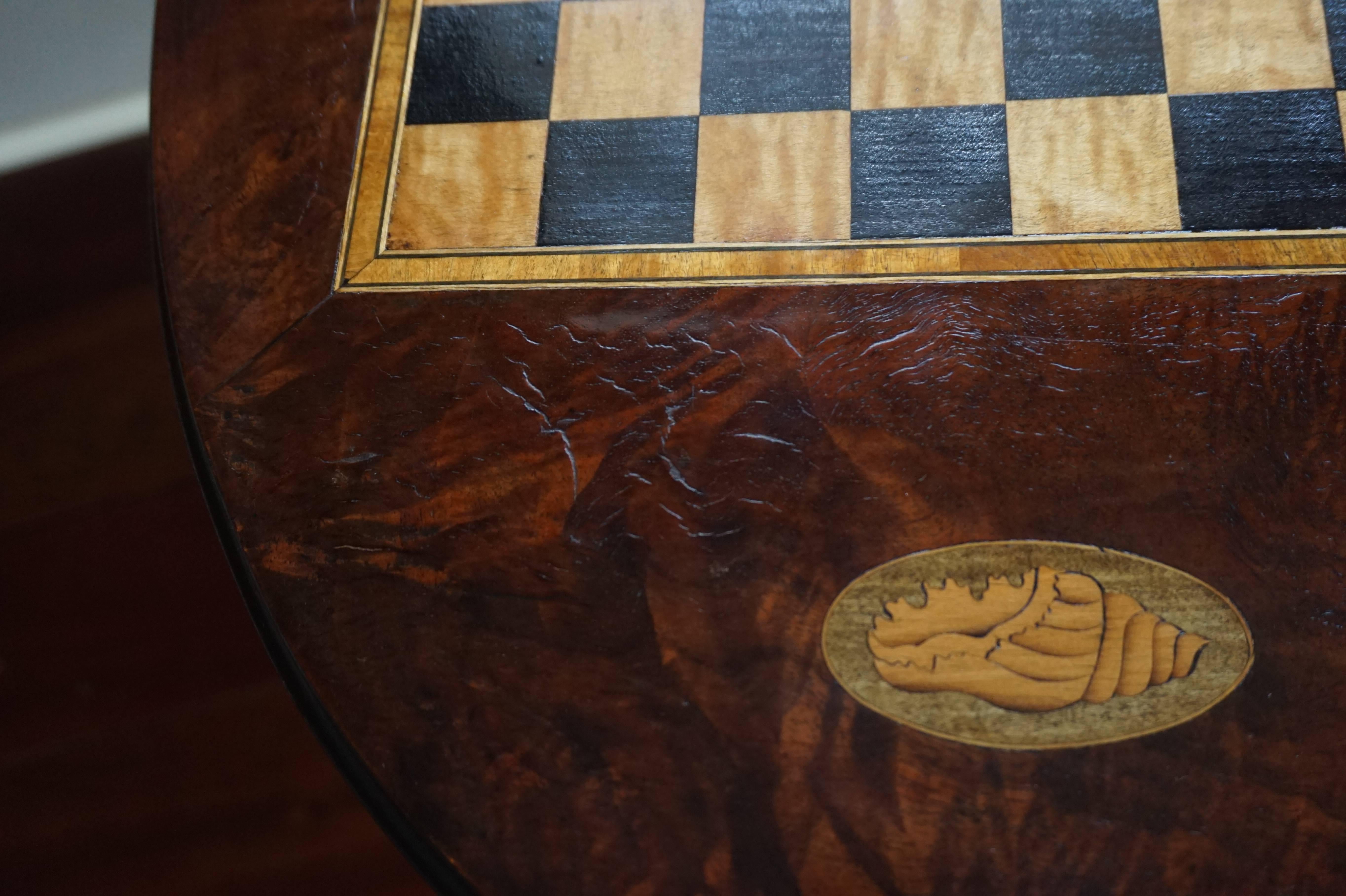 19th Century Antique Nutwood and Burl Nutwood Tilt-Top Chess Table with Nautilus Shell Inlay