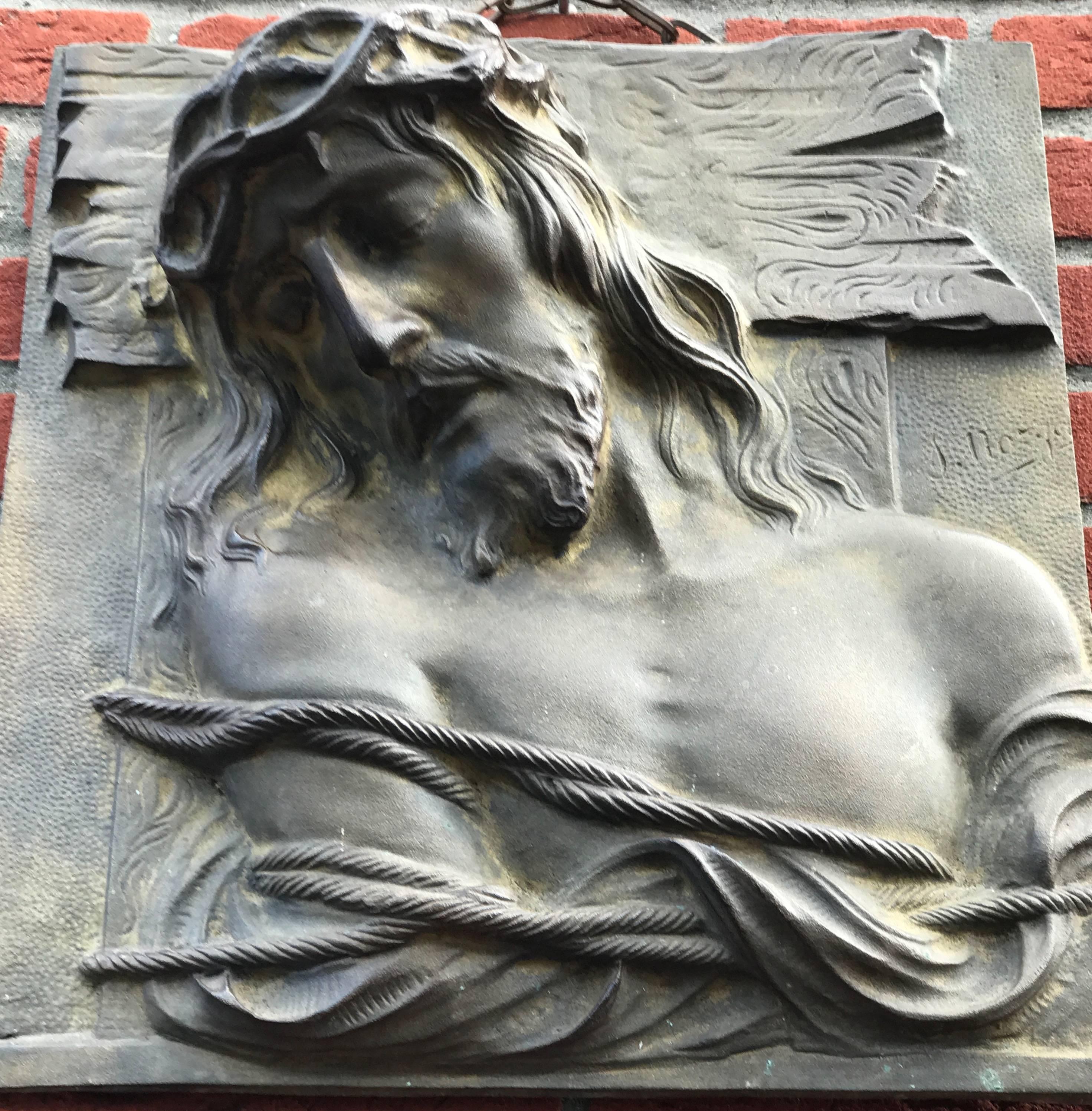 Rare and sizeable Art Deco religious plaque. 

Stunning sculpture / plaque by one of the greats when it comes to religious art. This sizeable, heavy and detailed plaque depicts Jesus Christ tied to a cross in a moment of terrible suffering. When