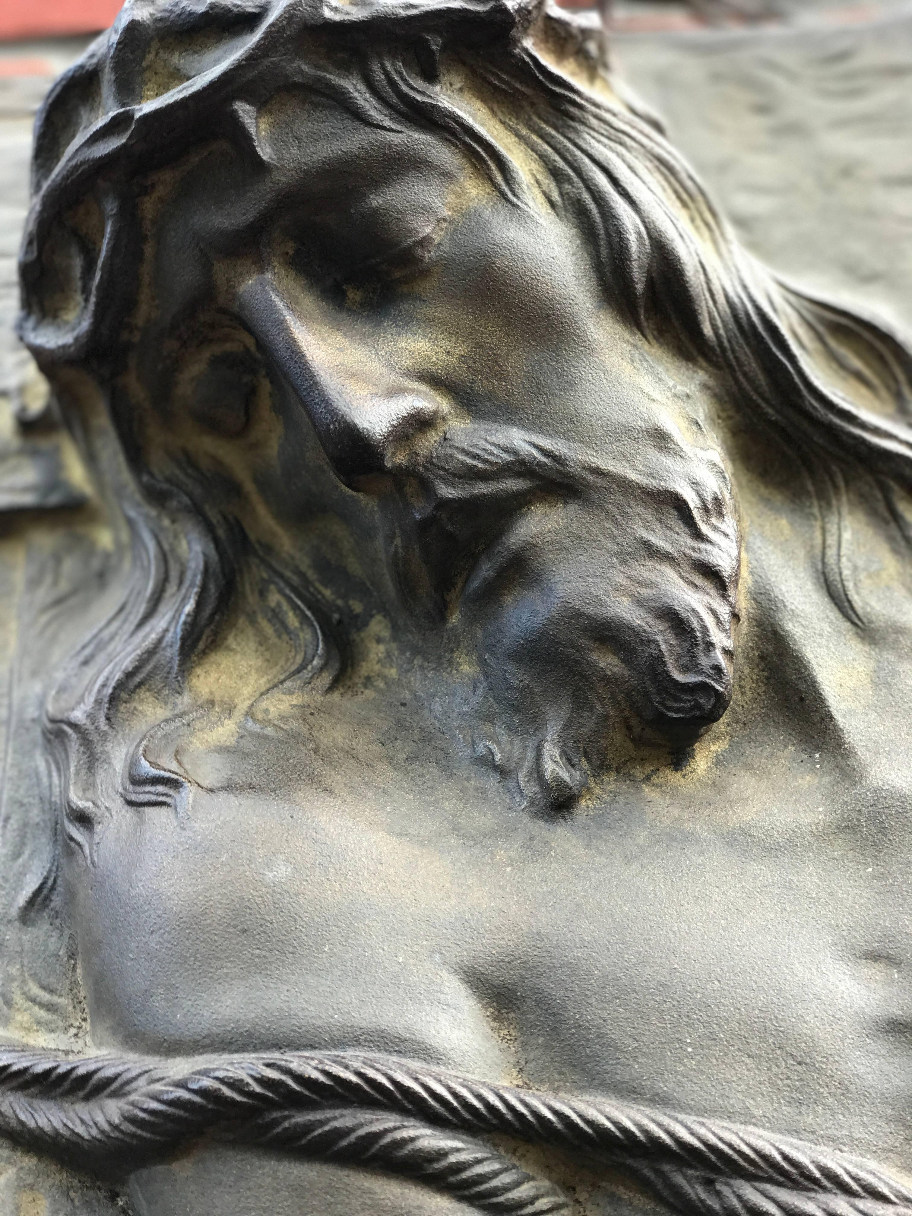 Belgian Impressive and Large Bronze Wall Plaque of a Suffering Christ by Sylvain Norga For Sale