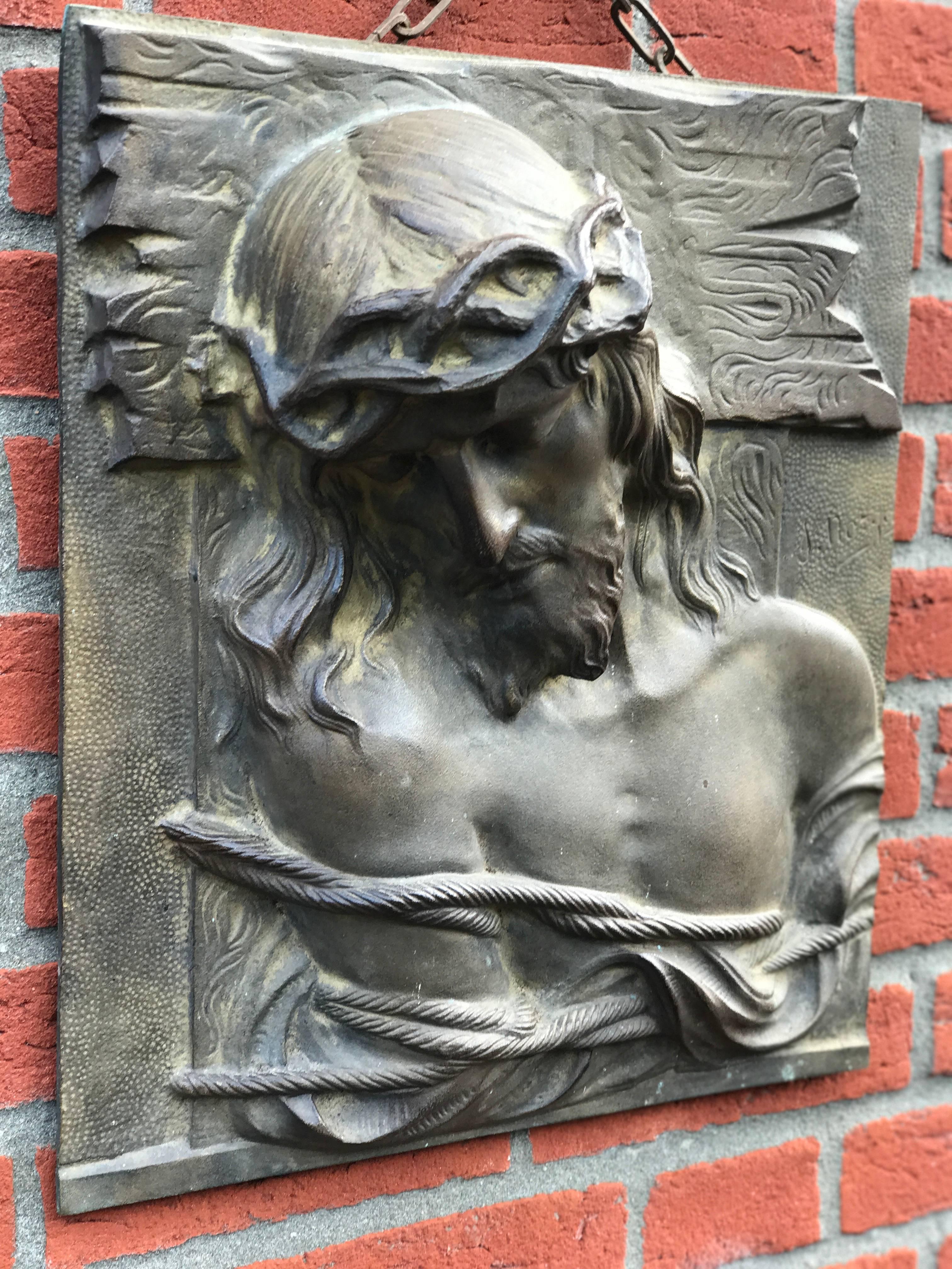 Impressive and Large Bronze Wall Plaque of a Suffering Christ by Sylvain Norga For Sale 1