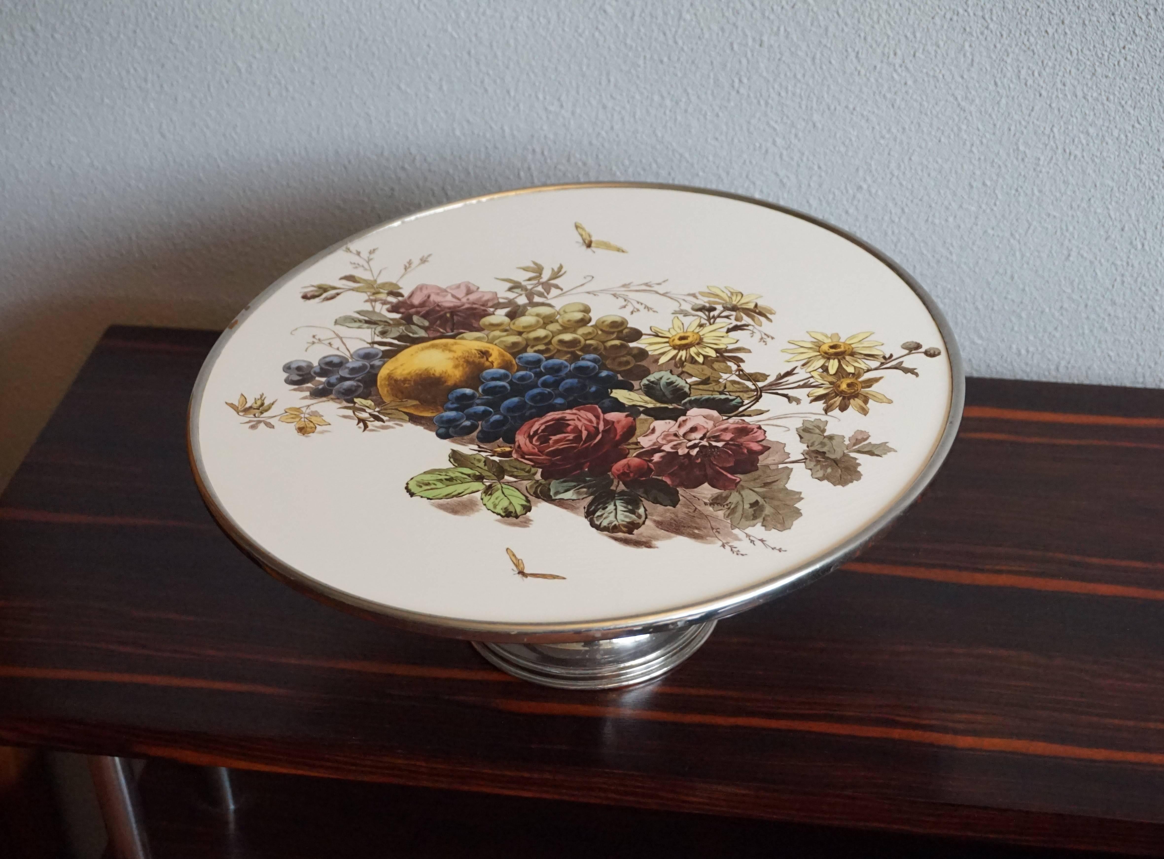 Early 20th Century Fruit & Flowers Porcelain Tile Pie Stand on Chrome Metal Base For Sale 6