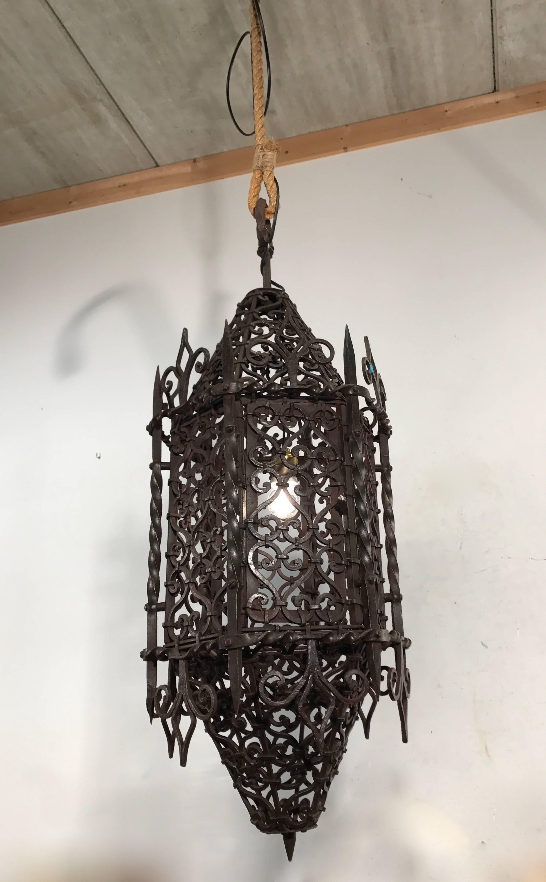 Hand-Crafted Large Moorish Style Hand crafted Wrought Iron Porch Lantern Wall Pendant Light
