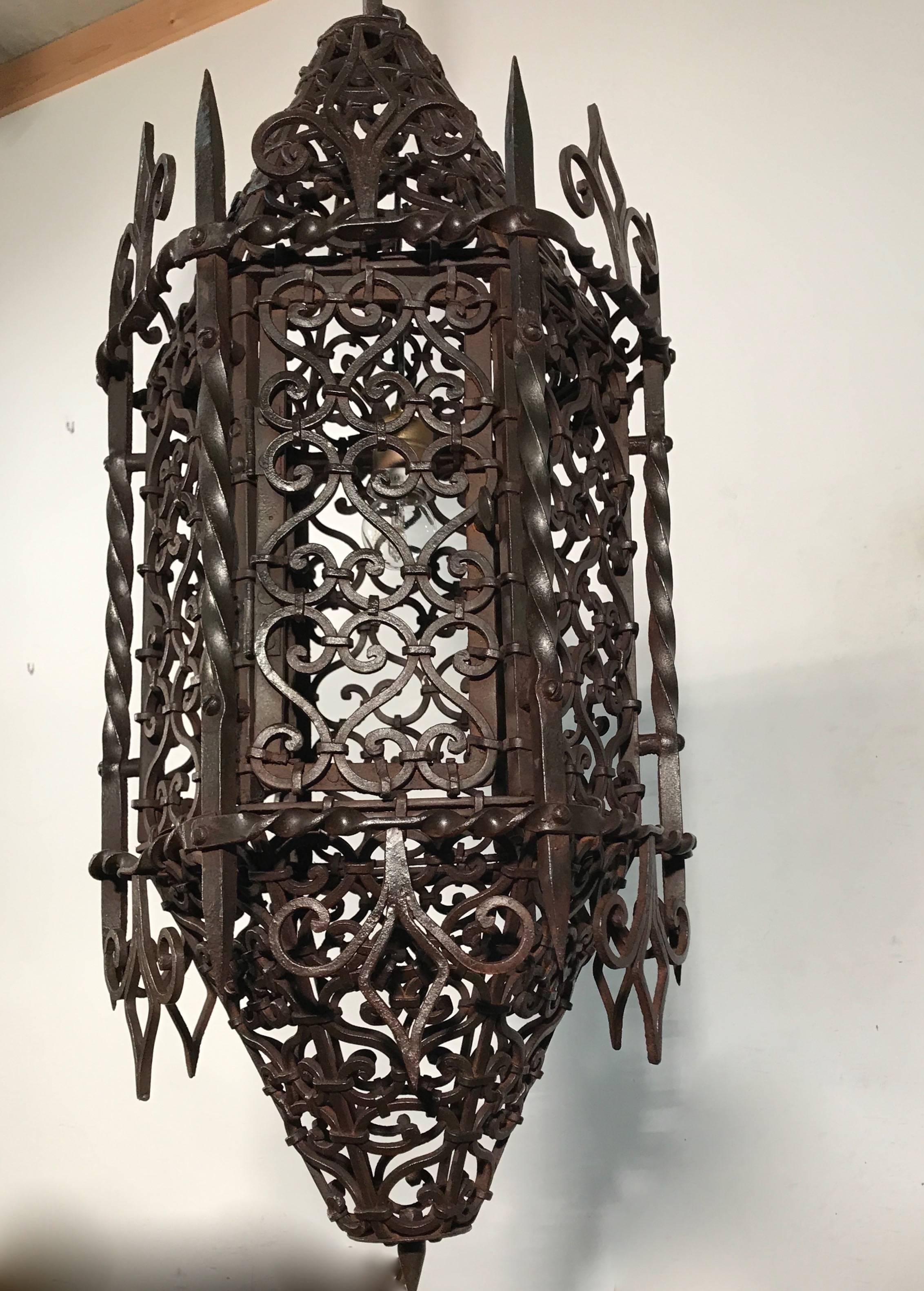 19th Century Large Moorish Style Hand crafted Wrought Iron Porch Lantern Wall Pendant Light 
