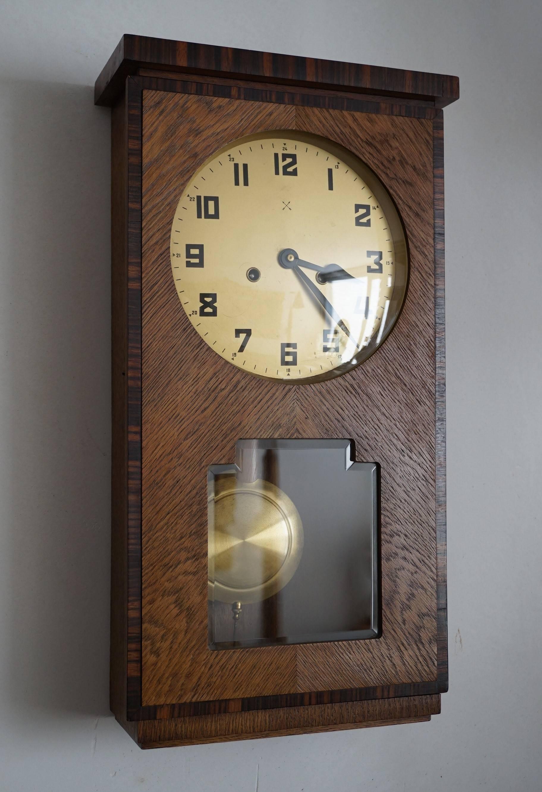 Dutch Rare Art Deco Amsterdam School Geometrical Design Oak and Macassar Wall Clock