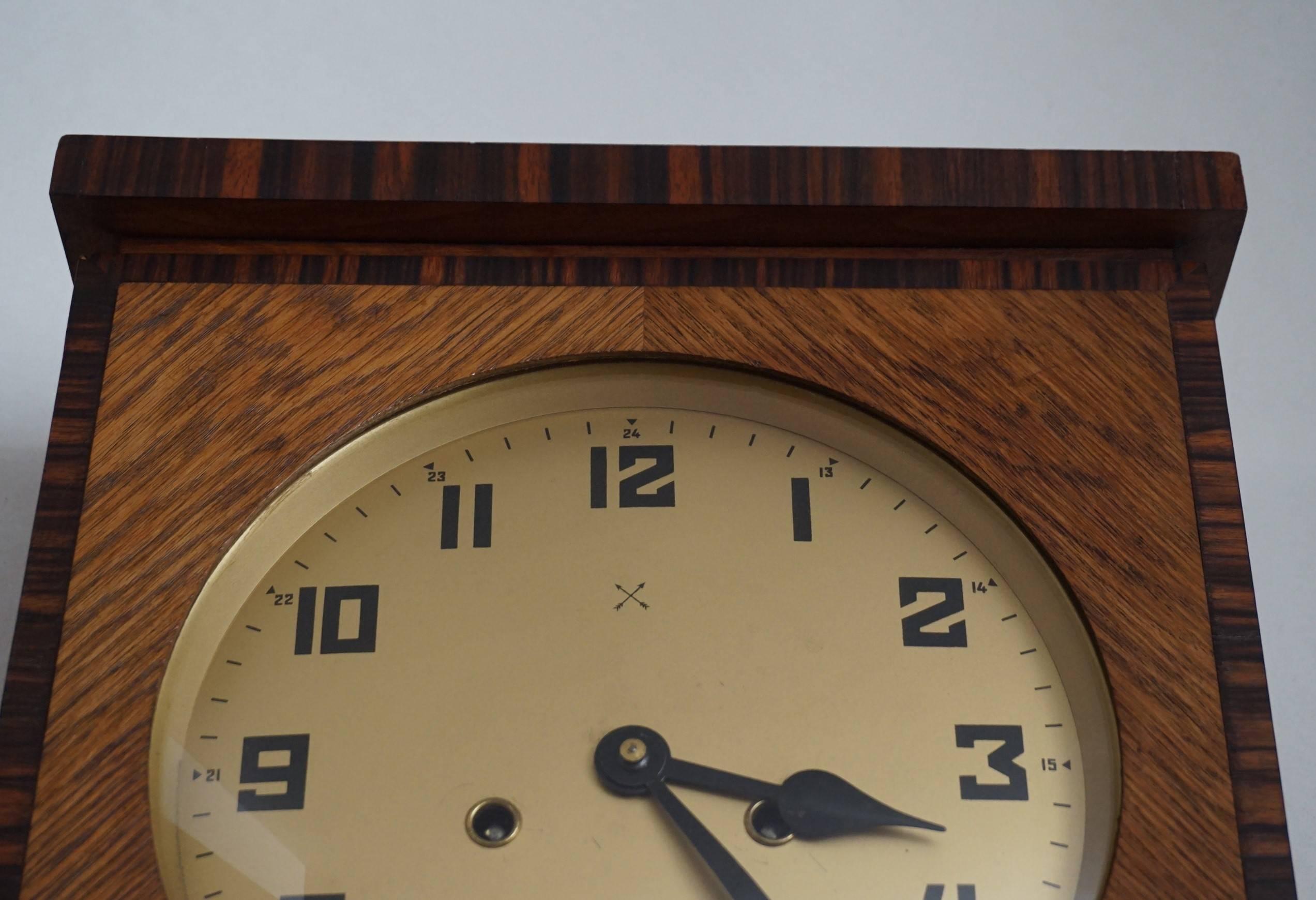 Rare Art Deco Amsterdam School Geometrical Design Oak and Macassar Wall Clock In Excellent Condition In Lisse, NL