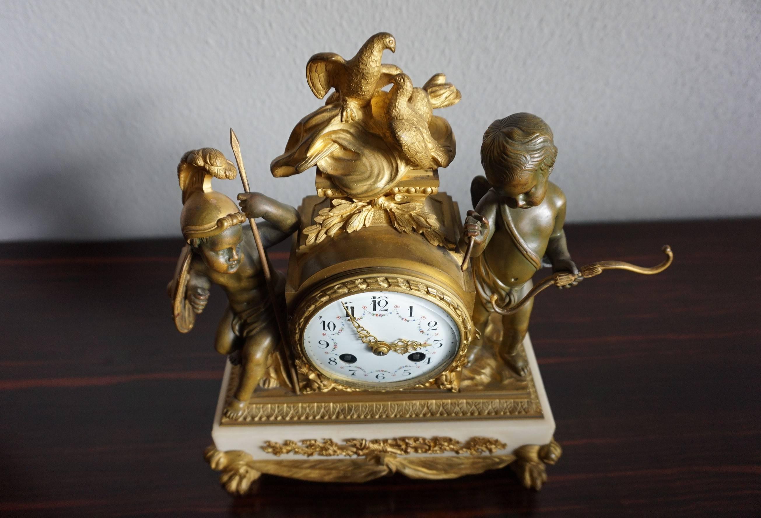 Antique Gilt Bronze & Patinated Cupid & Soldier Mantel Clock Love Overcomes War For Sale 1