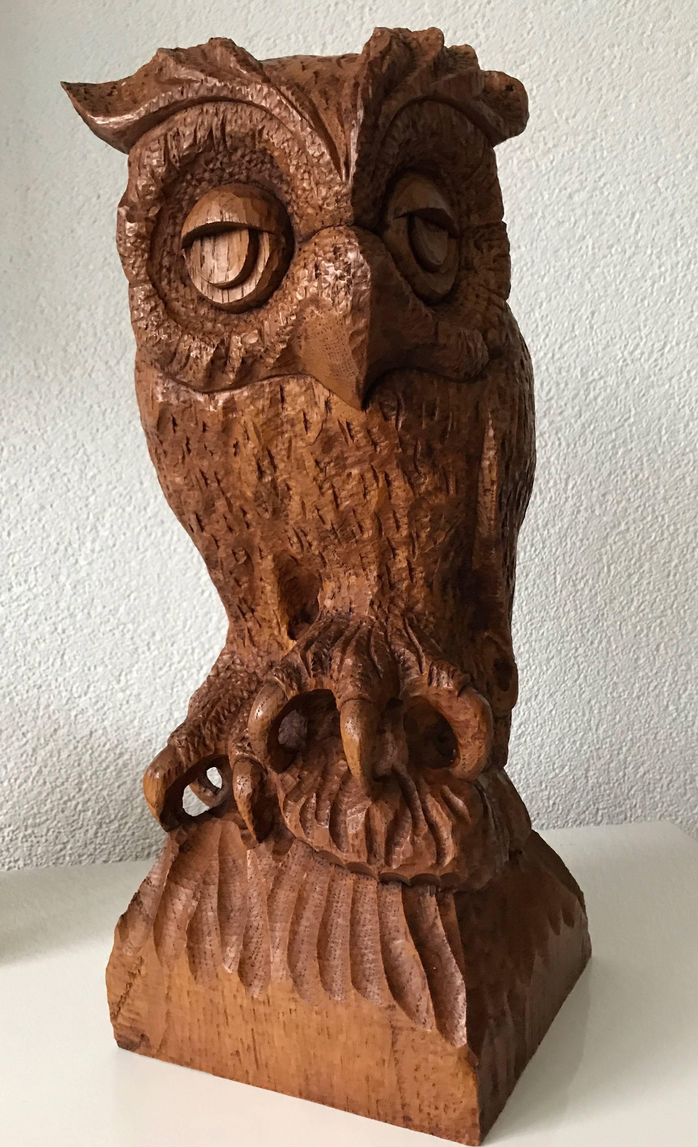 European Sizable Mid-20th Century Carved Oak Owl, Rare and Symbol of Learning and Wisdom For Sale