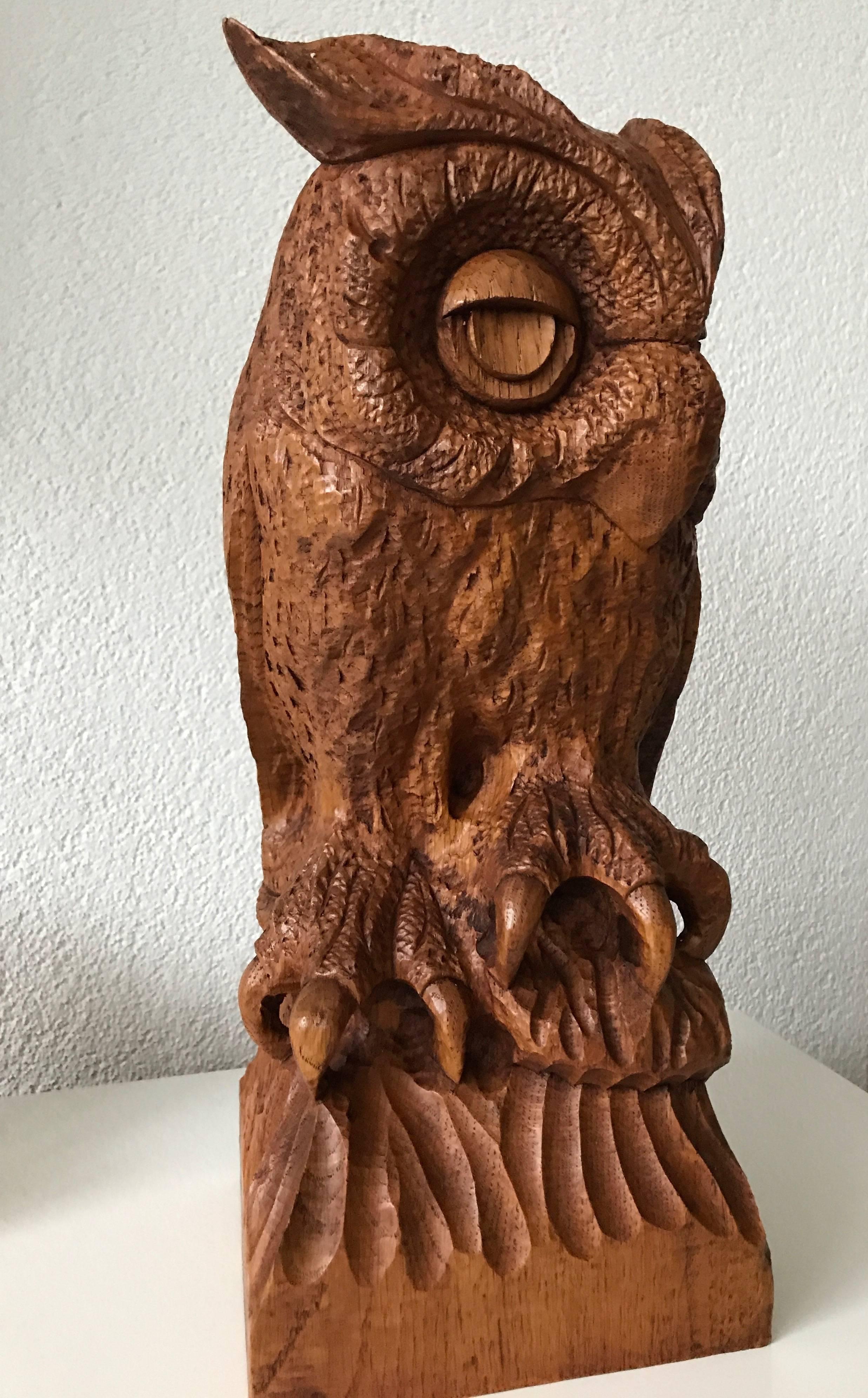 Hand-Carved Sizable Mid-20th Century Carved Oak Owl, Rare and Symbol of Learning and Wisdom For Sale
