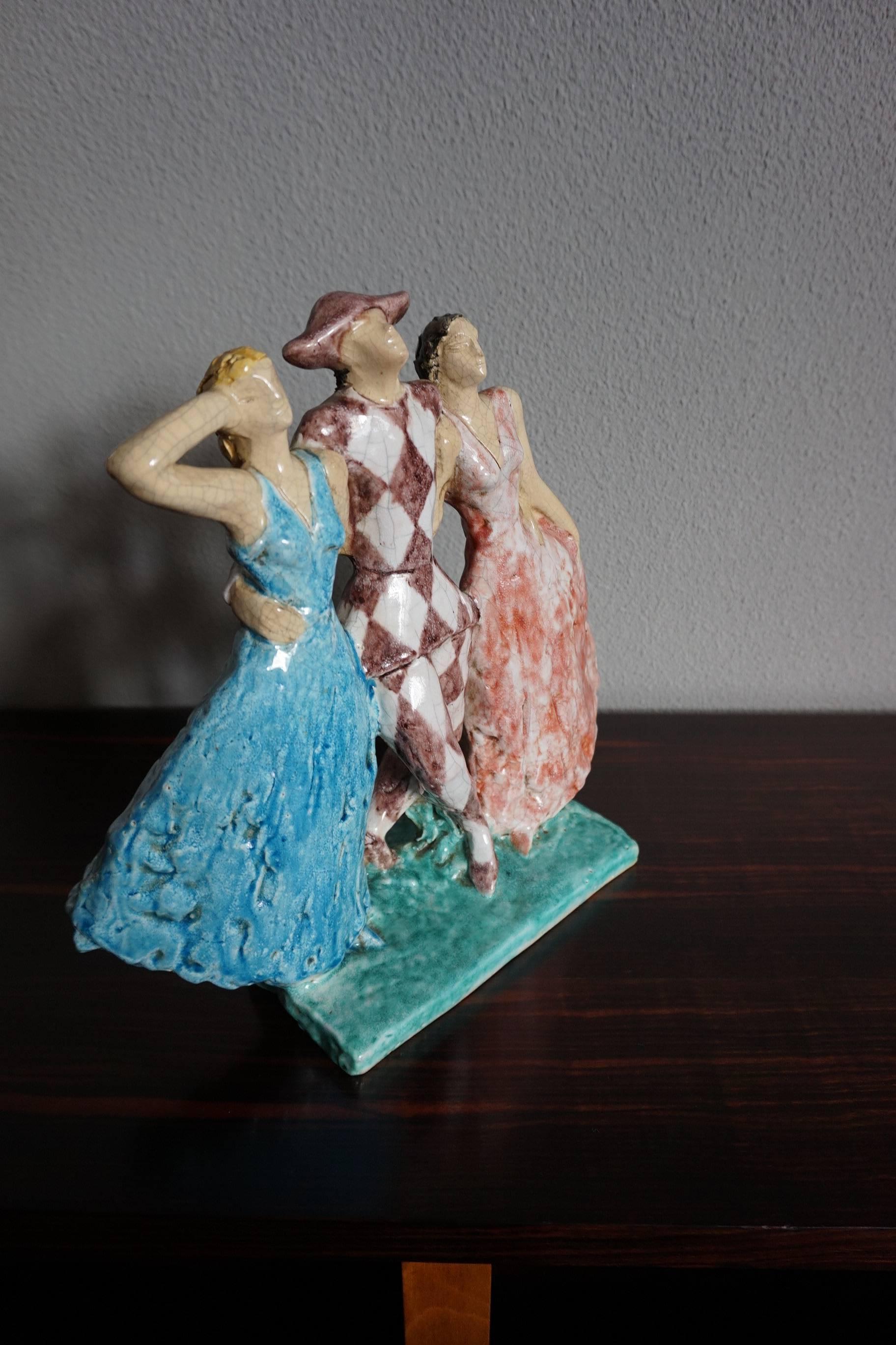 Rare French Art Deco Harlequin & Columbines Ceramic Sculpture by Edouard Cazaux In Excellent Condition For Sale In Lisse, NL