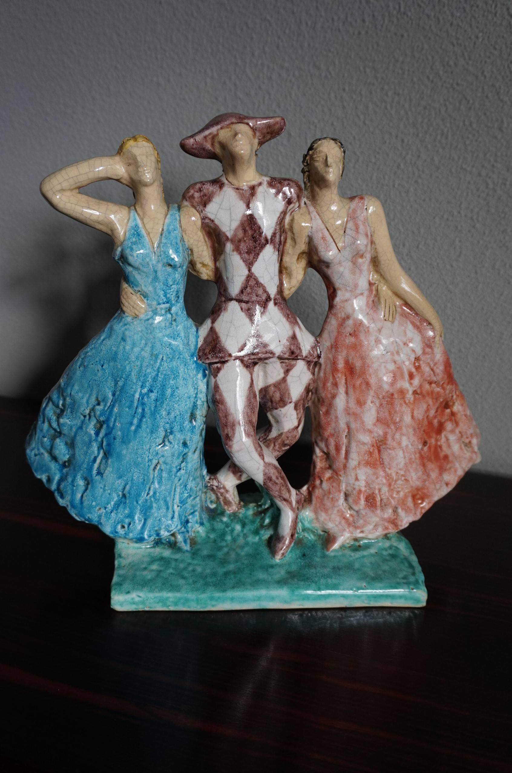 Rare French Art Deco Harlequin & Columbines Ceramic Sculpture Ed. Cazaux Style 3