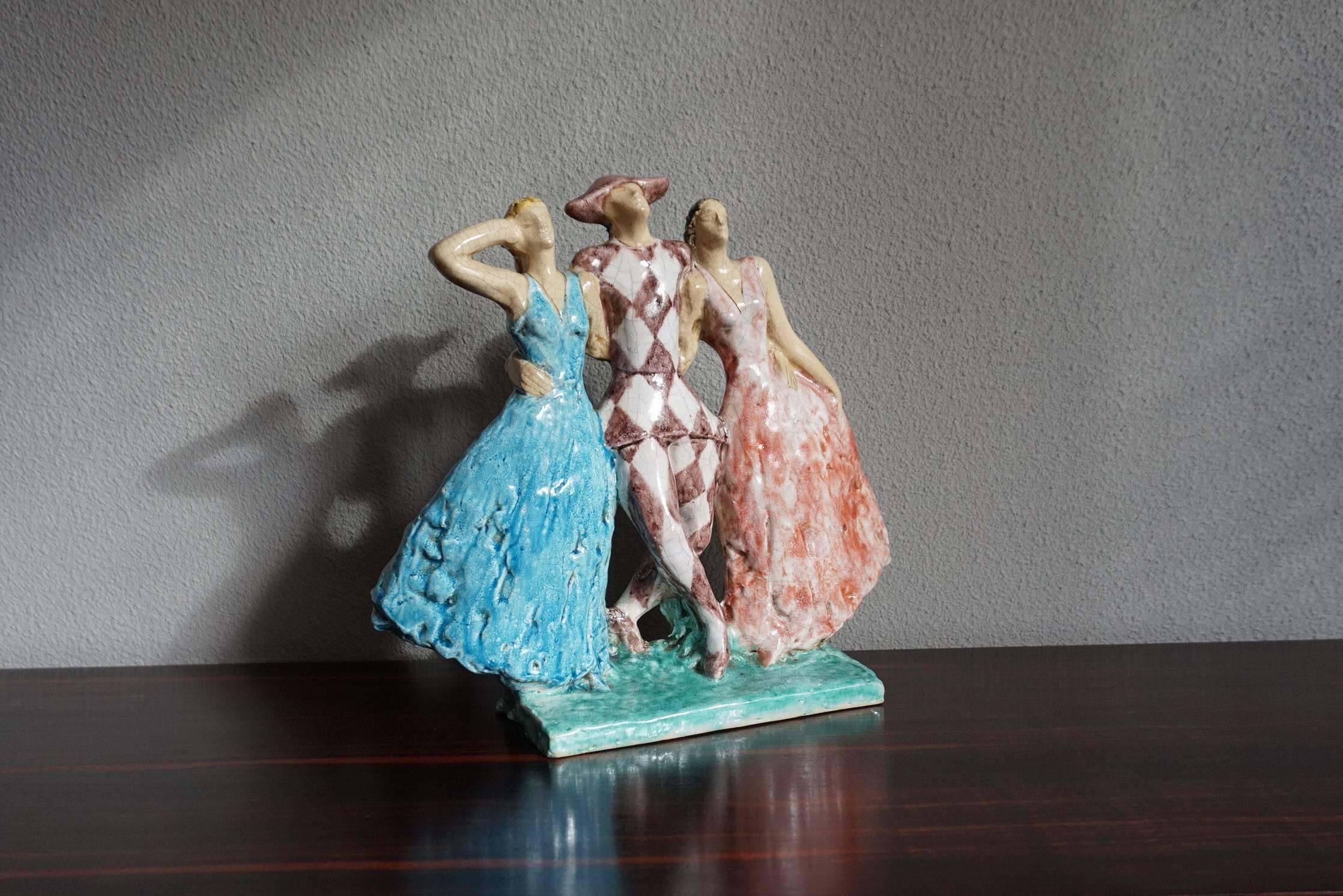 Rare French Art Deco Harlequin & Columbines Ceramic Sculpture by Edouard Cazaux For Sale 4